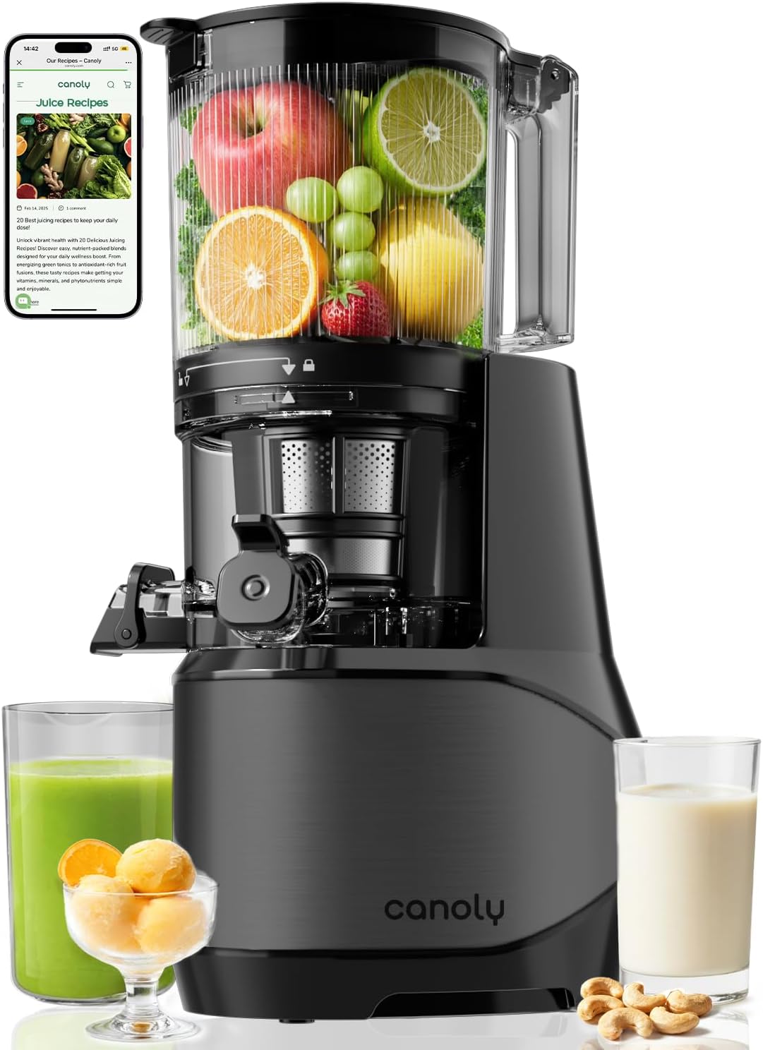 Canoly C09 Cold Press Juicer, 6' Extra Wide Feed Chute, 3-IN-1 Strainers (Juice & Sorbet & Nut Milk), Powerful AC Brushless Motor, Self Precut System, Juicer Machines with BPA-Free (Black)