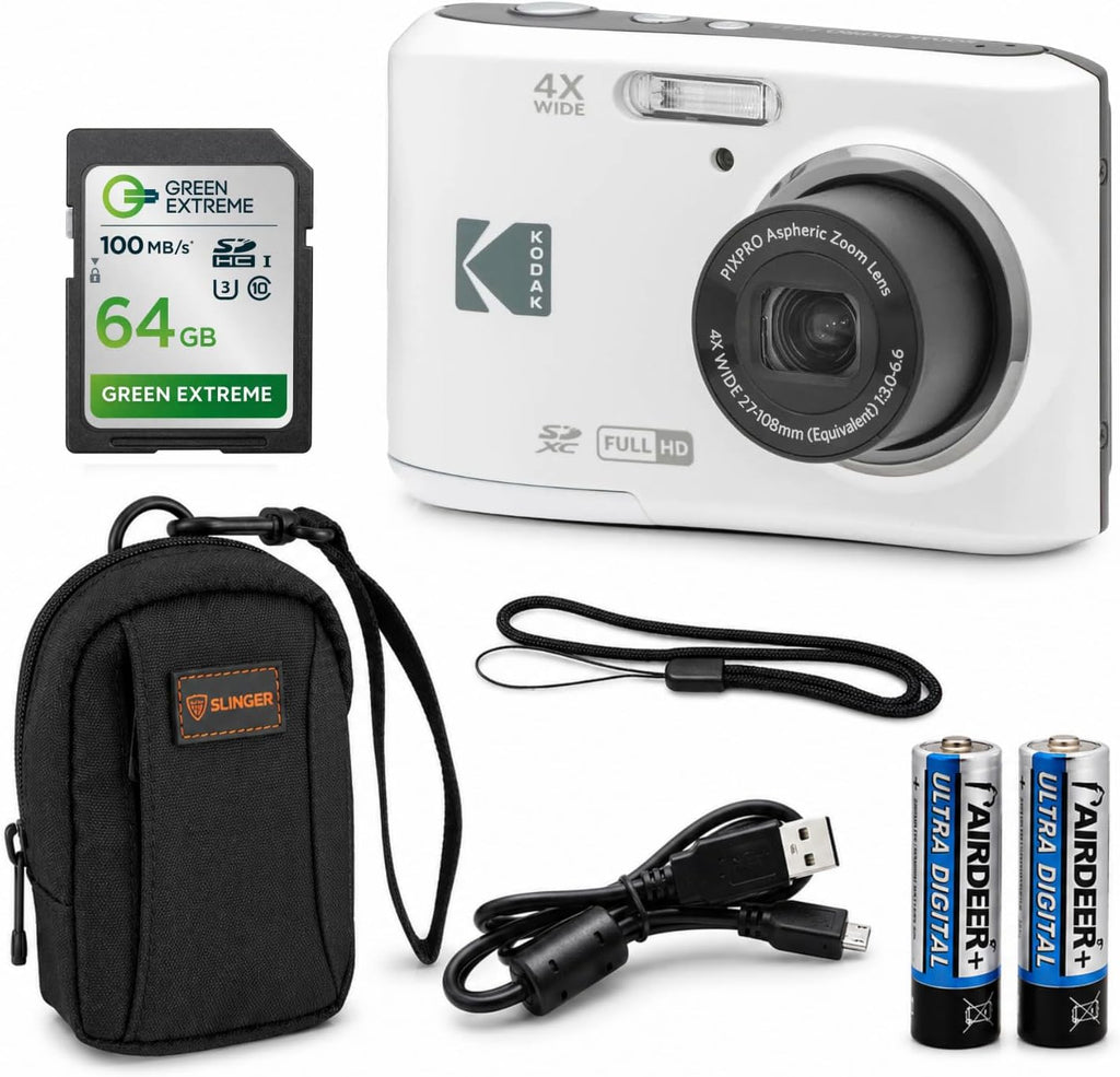 KODAK PIXPRO FZ45-BK 16MP Digital Camera 4X Optical Zoom 27mm Wide Angle 1080P Full HD Video 2.7' LCD Vlogging Camera, Bundle with Camera Case and 32GB SD Card (White)