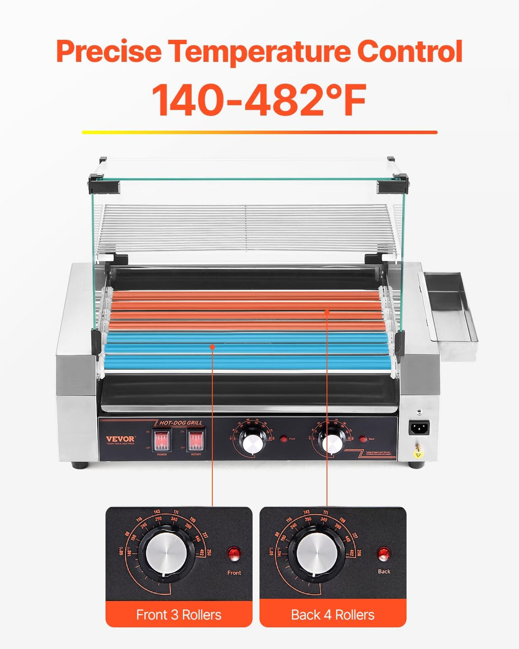 VEVOR Hot Dog Roller, 18 Hot Dog 7 Rollers, Stainless Steel Sausage Grill Cooker, 1050W Commercial Hot Dog Machine with Dual Temp Control, Cover, Side Storage Box, Removable Shelf & Oil Drip Tray