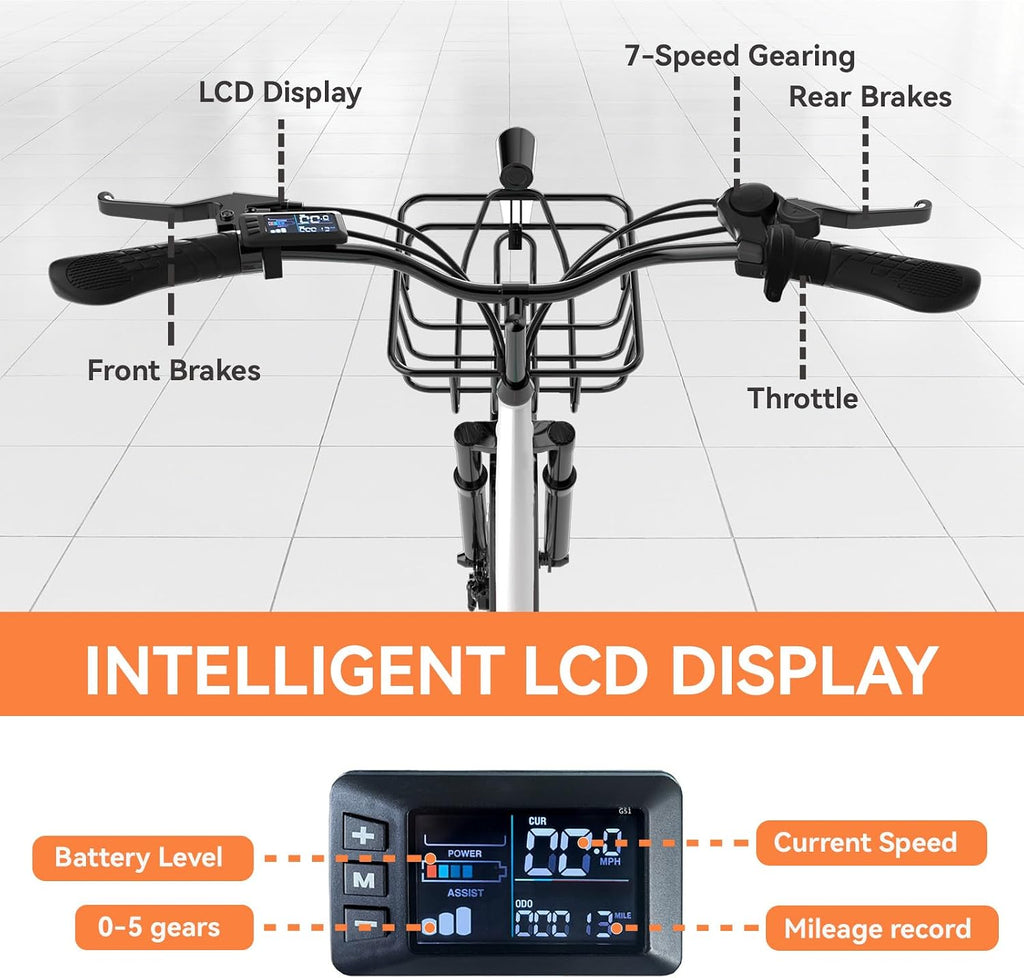 Electric Bike for Adults, Peak 700W Motor 20MPH, 374.4Ah Removable Battery 50Miles Ebike, 24'' Step Thru City Cruiser E Bike,7-Speed,Full Suspension,Front Basket, Full Suspension,UL 2849 Standard