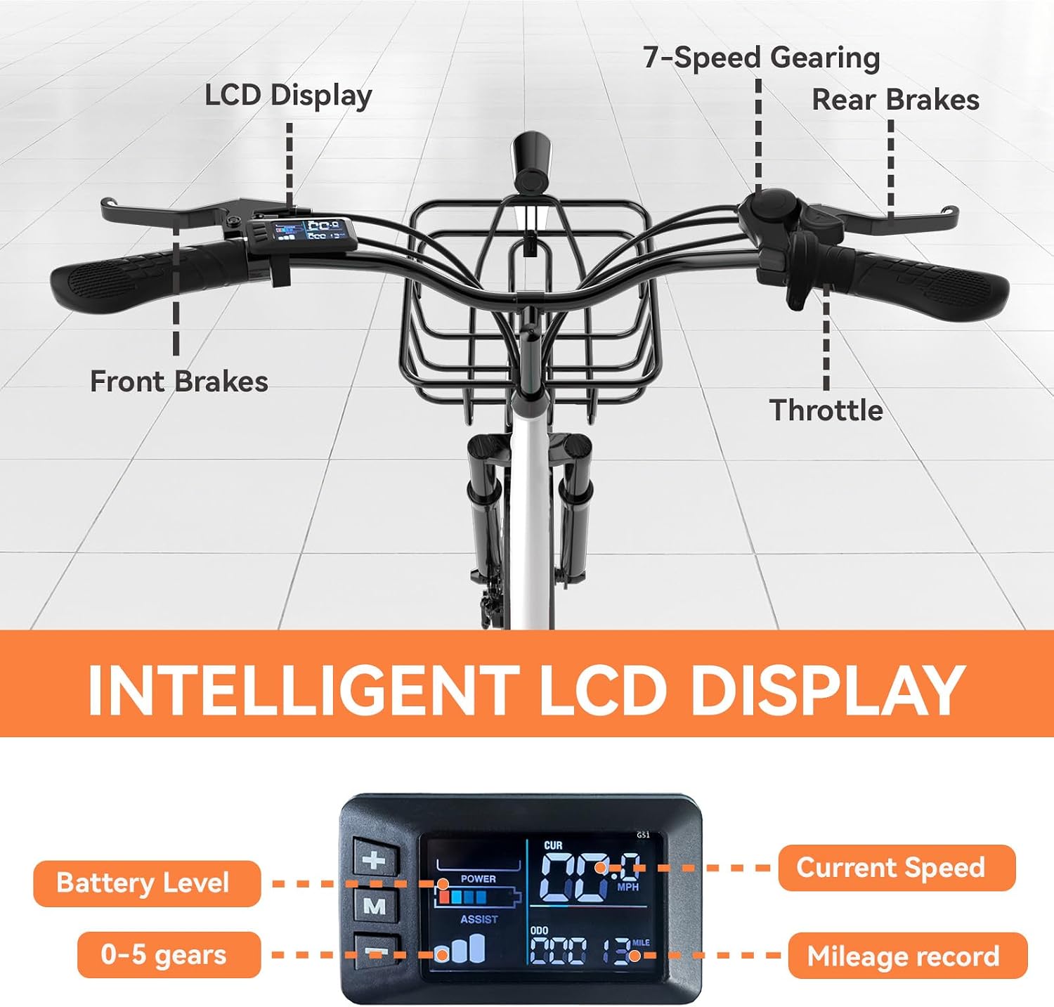 Electric Bike for Adults, Peak 700W Motor 20MPH, 374.4Ah Removable Battery 50Miles Ebike, 24'' Step Thru City Cruiser E Bike,7-Speed,Full Suspension,Front Basket, Full Suspension,UL 2849 Standard