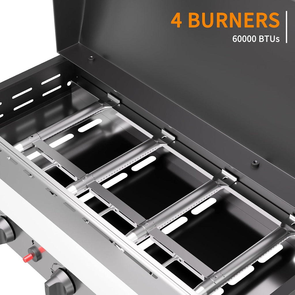 4 Burner BBQ Gas Griddle with Hood, 30 Inch Stainless Steel Portable Detachable Propane Griddle, 60,000 BTU Flat Top Grill with Side Shelves for Camping Tailgating, Silver