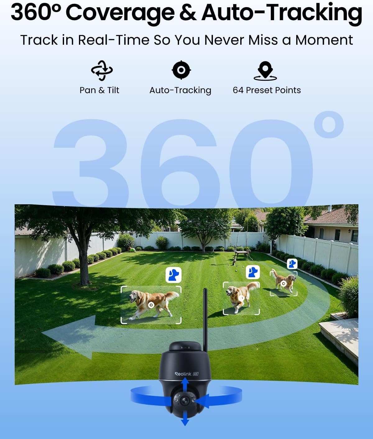 REOLINK 4K Solar Security Cameras Wireless Outdoor, 360° Pan Tilt, 8MP Color Night Vision, 2.4/5 GHz Wi-Fi 6, No Monthly Fee, Home Hub Compatible, Argus PT 4K+ 3W Solar Panel (Black)