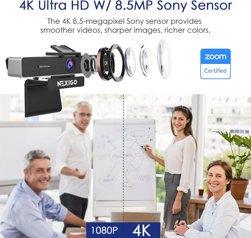 Zoom Certified, NexiGo N950P 4K Zoomable Webcam with Remote Control, Sony_Starvis Sensor, 5X Digital Zoom, Pro Web Camera with Dual Stereo Mics, for Zoom Skype Teams Twitch