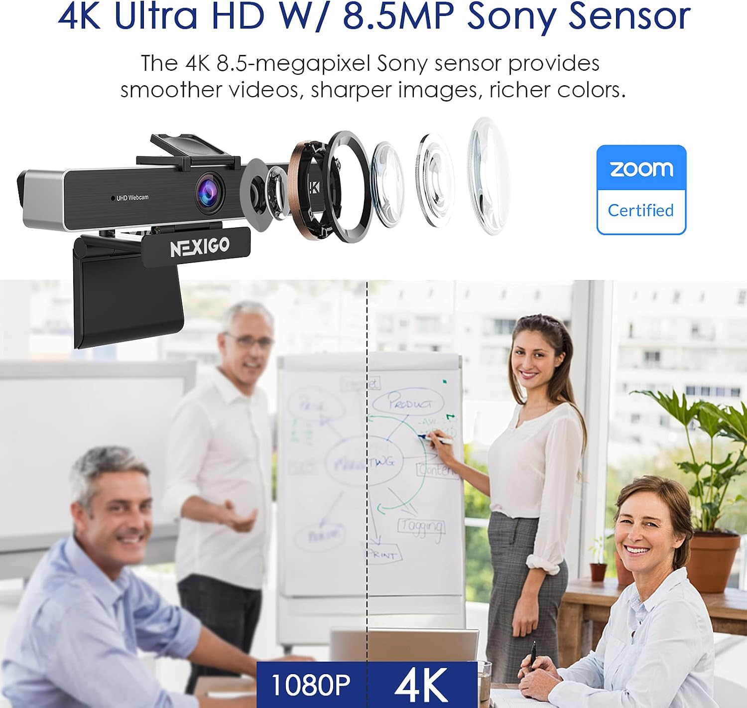 Zoom Certified, NexiGo N950P 4K Zoomable Webcam with Remote Control, Sony_Starvis Sensor, 5X Digital Zoom, Pro Web Camera with Dual Stereo Mics, for Zoom Skype Teams Twitch