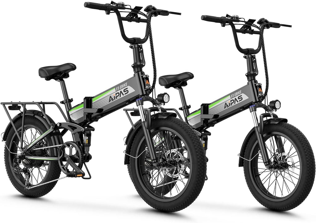 Aipas F3 Electric Bike for Adults with 1500W Motor Peak, 48V 12.8Ah Removable Battery Max 62 Miles 28MPH,20' x 3.0 Fat Tire Folding Electric Bike with 7-Speed and Full Suspension.