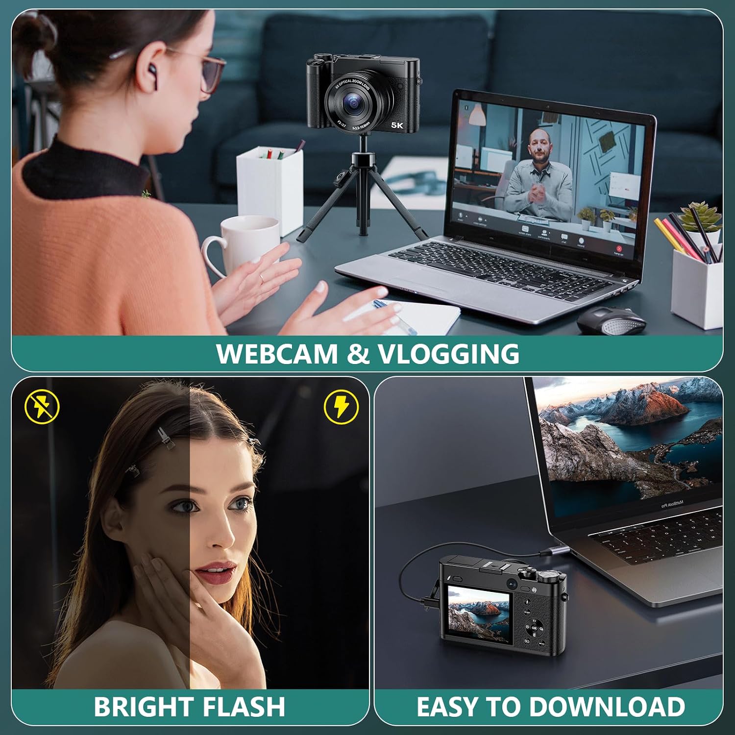 5K Digital Camera, 64MP Cameras for Photography with 6X Optical Zoom & Autofocus, WiFi Vlogging Camera for YouTube Video, Dual-Lens, 2 Batteries, 64GB Card & Flash, Best Cameras for Content Creators