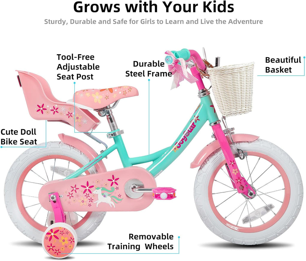 JOYSTAR Unicorn Kids Bike for Girls Ages 2-9 Years Old, 12 14 16 18 Inch Kids Bike with Training Wheels, Doll Seat, Streamers and Basket, Toddler Girl Bicycle, Multiple Colors