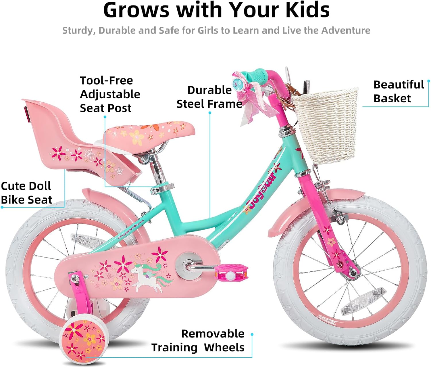 JOYSTAR Unicorn Kids Bike for Girls Ages 2-9 Years Old, 12 14 16 18 Inch Kids Bike with Training Wheels, Doll Seat, Streamers and Basket, Toddler Girl Bicycle, Multiple Colors