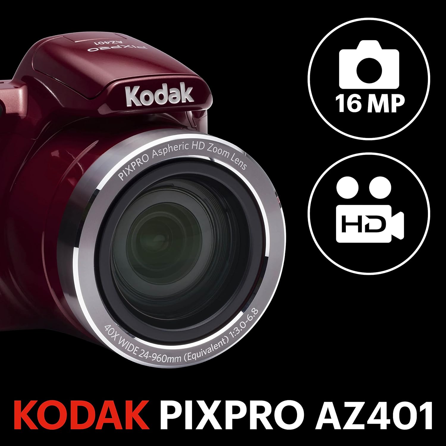 Kodak AZ401RD Point & Shoot Digital Camera with 3' LCD, Red