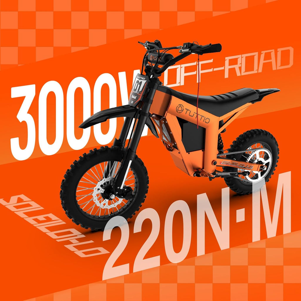 Tuttio Soleil01-LO Electric-Dirt-Bike for Adults Teens, Mid-Drive 3000W-220NM-37MPH E-Motorcycle with 48 21AH Battery, 14'/12' Off-Road Electric Bike, Full Hydraulic Suspensions Ebike for Adventure