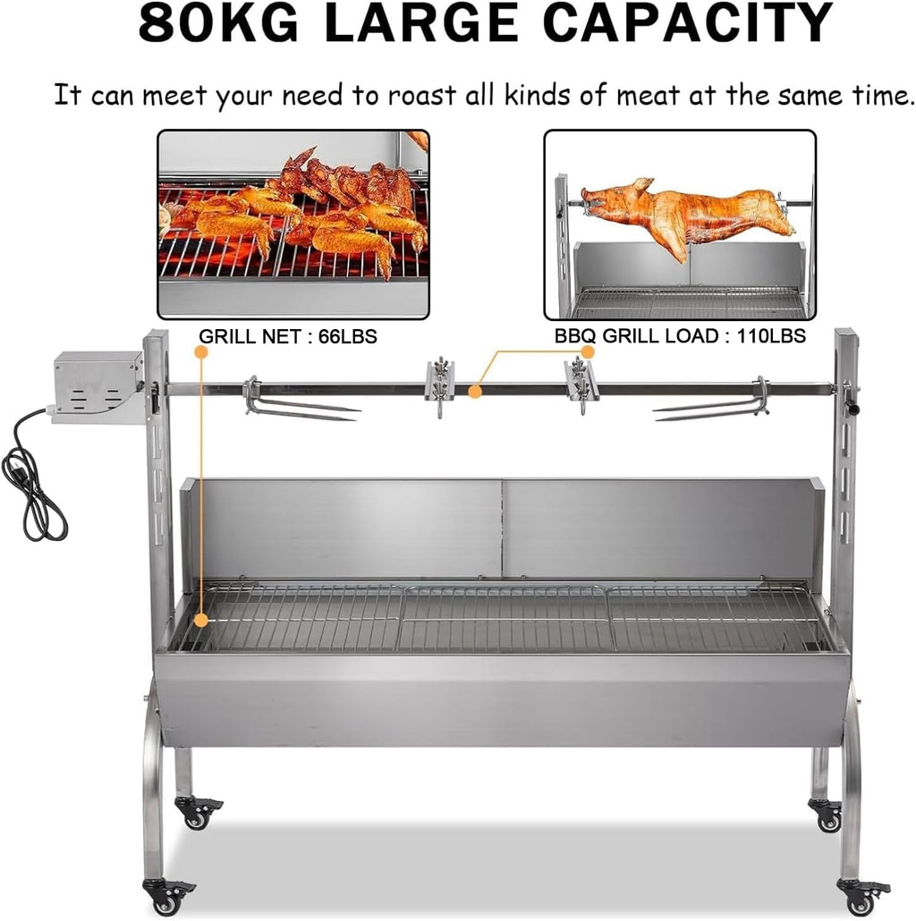 Rotisserie Grill With Wind Screen, Stainless Steel Charcoal Spit, Electric Pig Rotisserie Machine, 176LBS/80KG BBQ Grill for Pig Roasting, Camping & Backyard Use