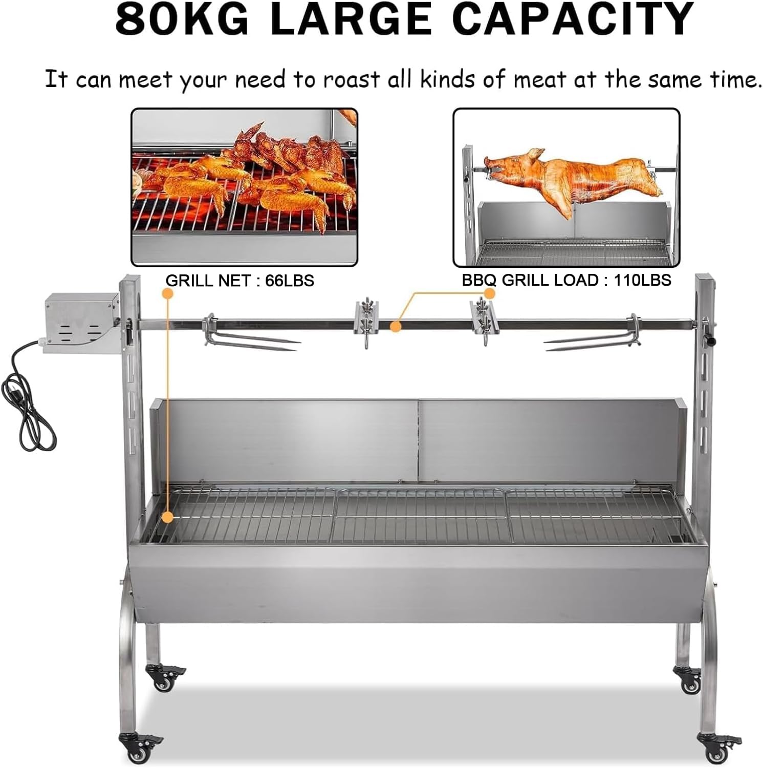 Rotisserie Grill With Wind Screen, Stainless Steel Charcoal Spit, Electric Pig Rotisserie Machine, 176LBS/80KG BBQ Grill for Pig Roasting, Camping & Backyard Use
