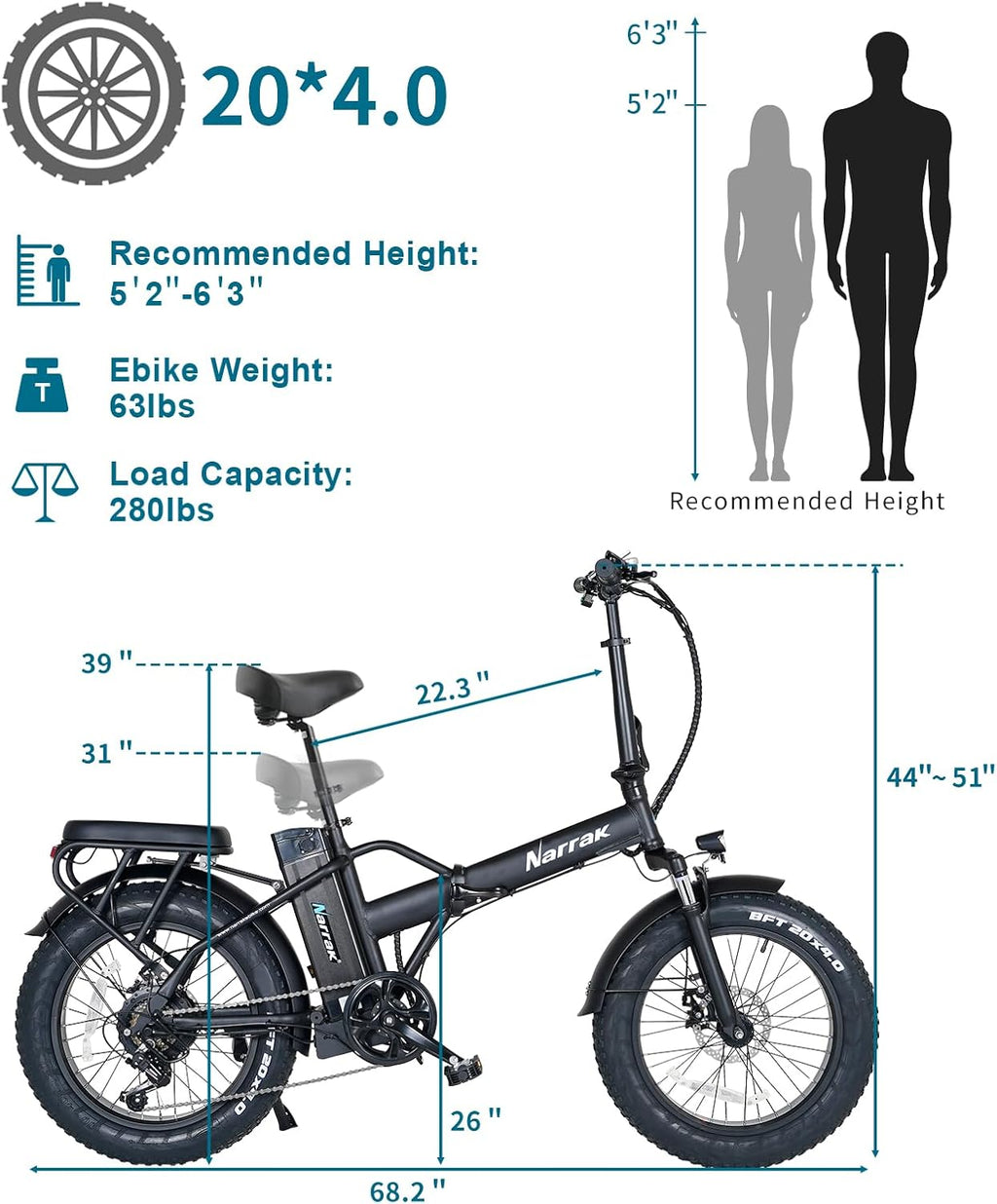 NARRAK Fat Tire Folding Electric Bike, 48V & 624Wh Lithium Removable Battery, Peak 1100W Brushless Motor, Max Speed 20Mph, M5 Large LCD Display, Suspension, Step-Over/Thru Frame
