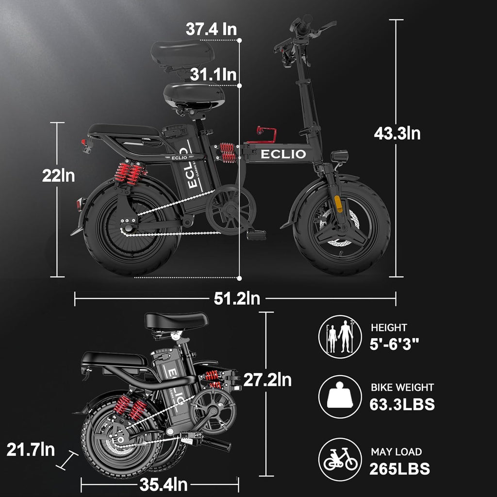 DDC SPORT Folding Electric Bike, Peak 800W Motor 25MPH,48V 14Ah Removable Battery 55Miles Ebike,14'' Lightweight Adults Electric Bicycles for Men/Women/Teens,Mini E-Bike,Full Suspension