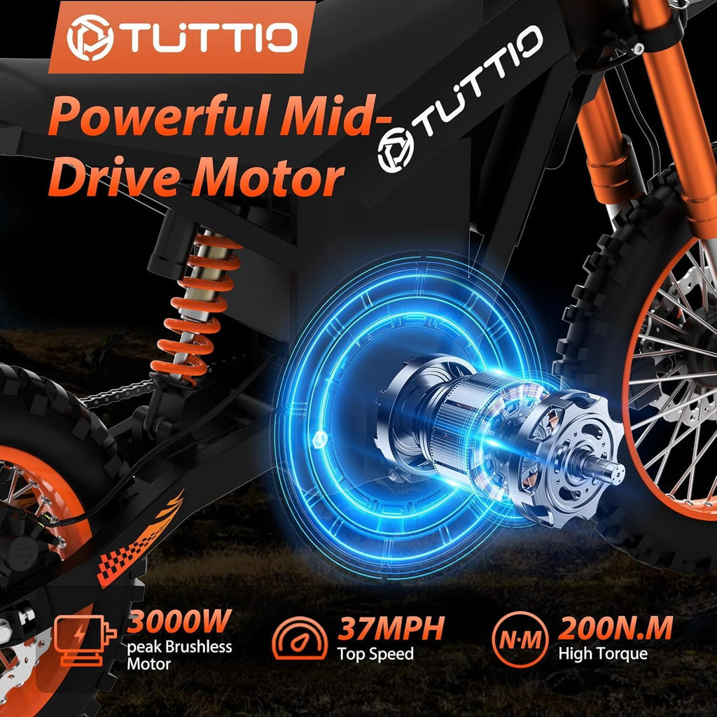 Tuttio Soleil01 / Soleil01-LO Electric Dirt Bike for Teens Adults, 3000W Mid-Drive E-Motorcycle 37MPH 48V 21Ah Battery, 14'/12' Off-Road E-Bike with Full Hydraulic Brakes & Suspensions for Mountain