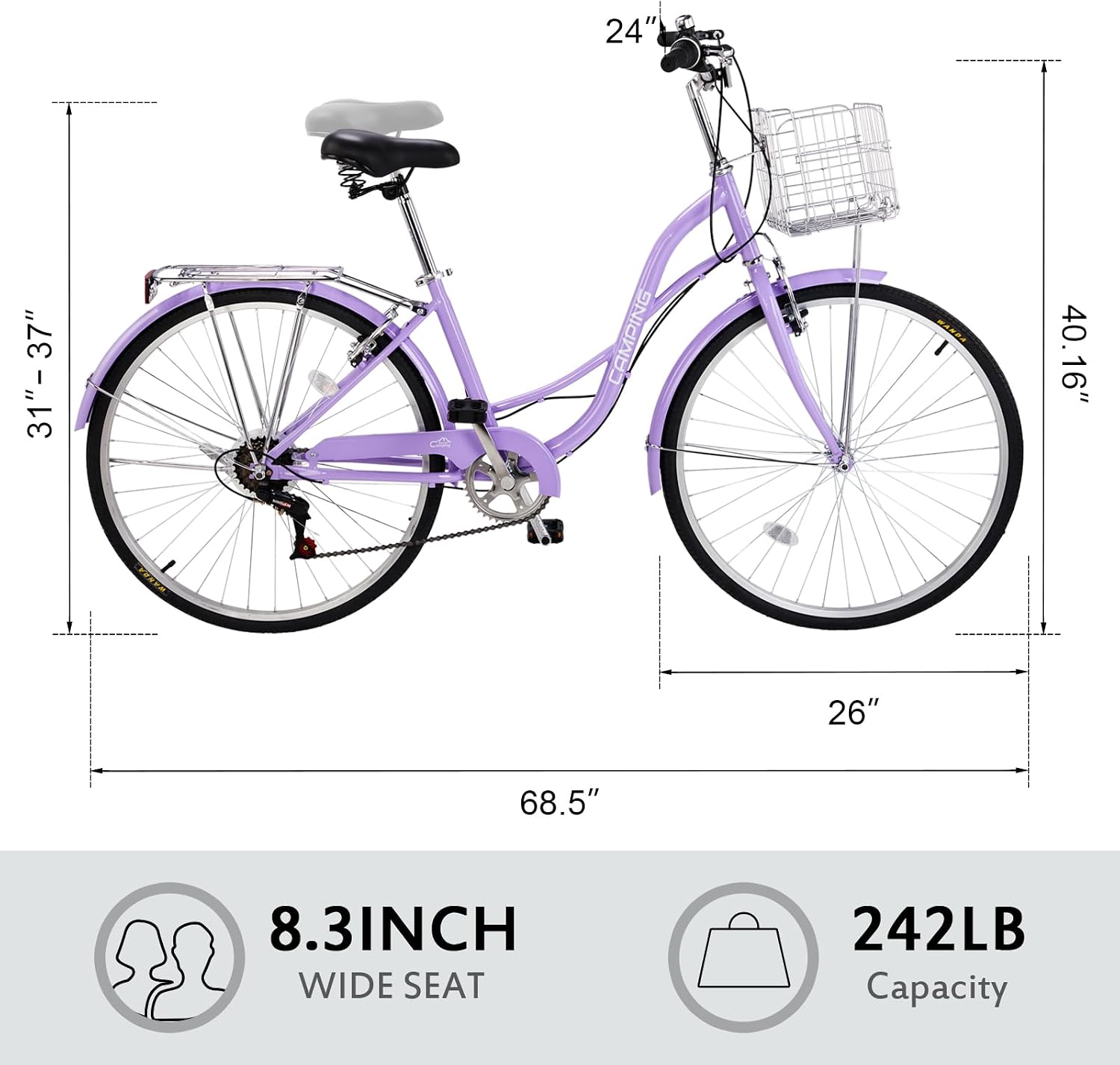 CamPingSurvivals 26' Cruiser Bike Commuter Bike 7 Speed Women's Bicycle Beach Cruiser with Ergonomic Upright Design, Adjustable Saddle, Dual Fenders & V Brake and High Carbon Steel Frame