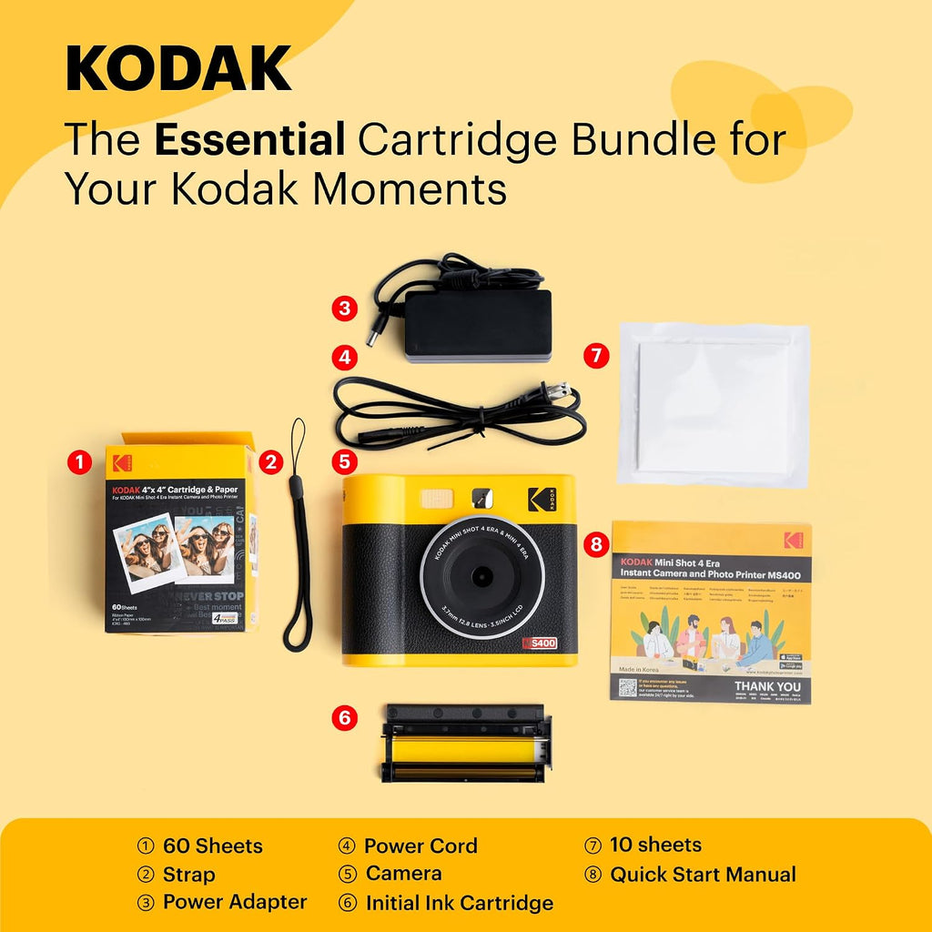 KODAK Mini Shot 4 ERA 4PASS 2-in-1 Instant Camera and Photo Printer (4x4) (Yellow, Camera + 70 Sheets)