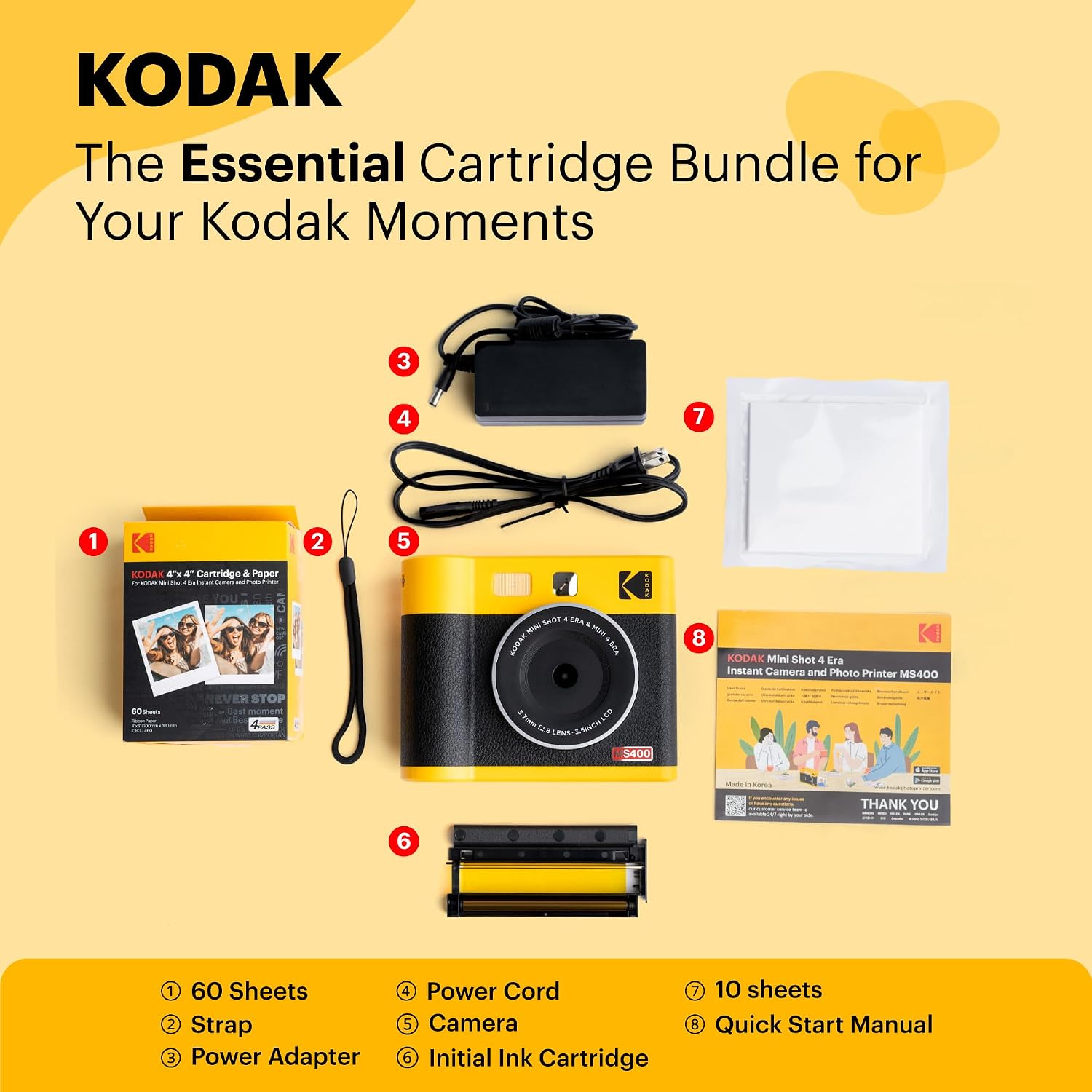 KODAK Mini Shot 4 ERA 4PASS 2-in-1 Instant Camera and Photo Printer (4x4) (Yellow, Camera + 70 Sheets)