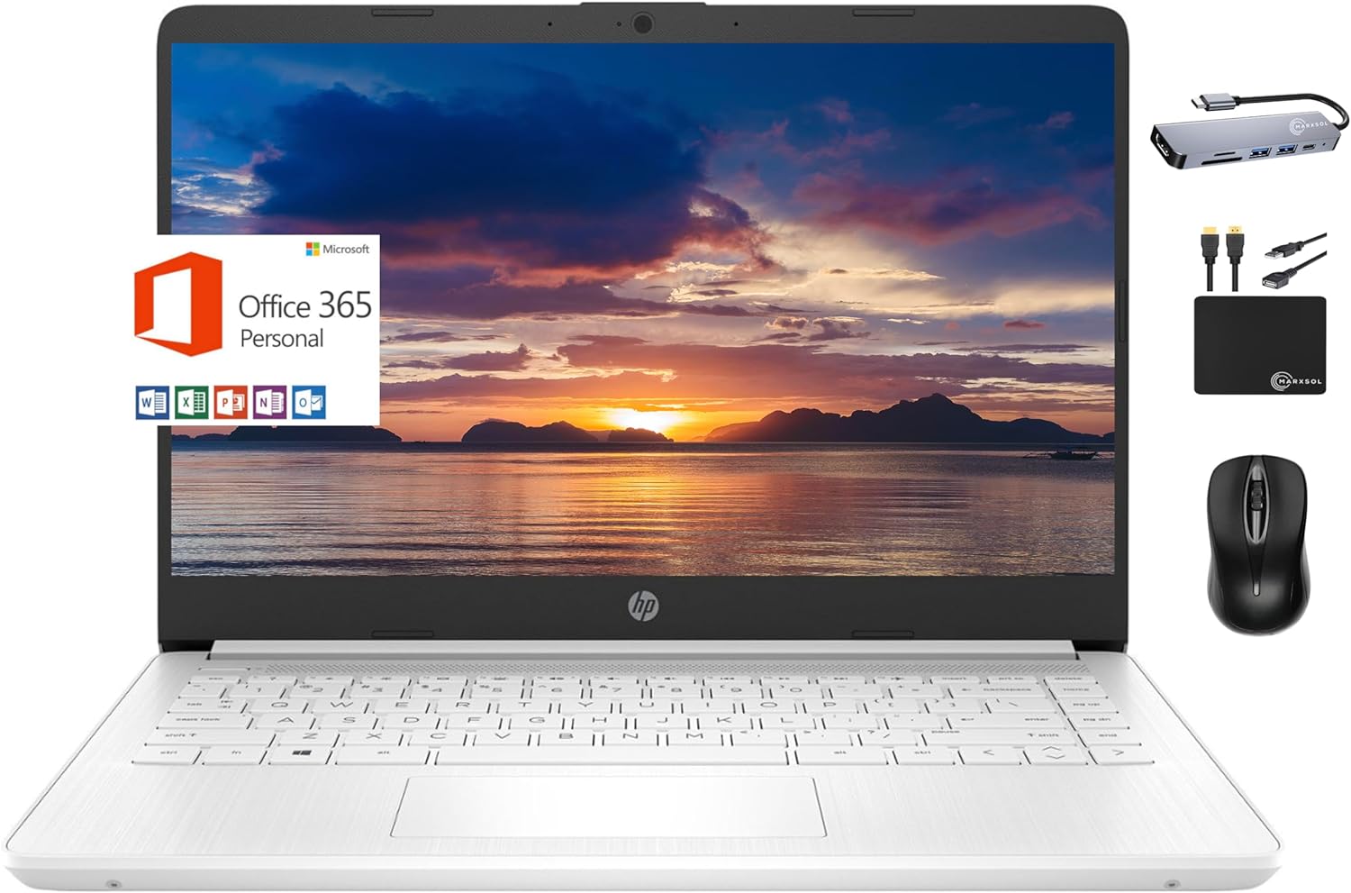 HP 2024 Premium 14' Micro-Edge Portable Laptop Student Business, Intel Quad-Core N4120, 4GB RAM, 128GB (64GB eMMC+ 64GB Card), Webcam, WiFi, Windows 11S + 1 Year Office 365, MarxsolAccessory White