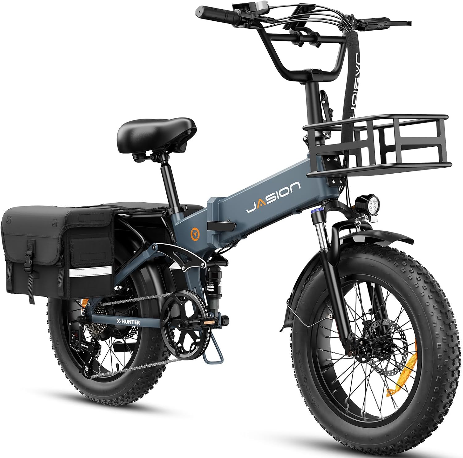 Jasion X-Hunter Electric Bike for Adults 1400W Peak Motor,30MPH Max Speed,48V 13AH Removable Battery,Full Suspension 20''*4.0 Fat Tire Foldable Ebike,7-Speed Bicycle with Basket and Saddle Bag
