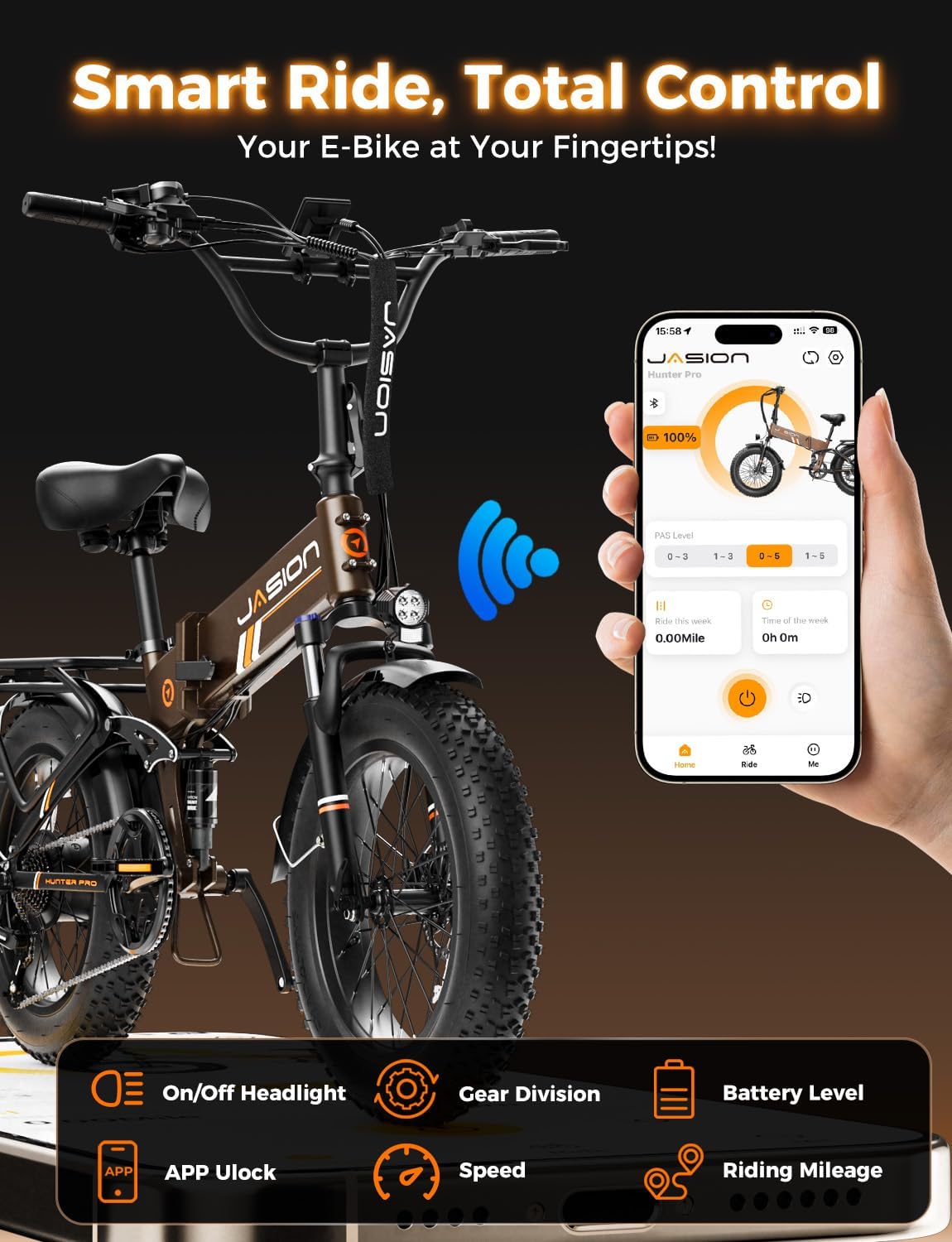 Jasion X Hunter/PRO Electric Bike for Adults,1800W/1400W Peak 20''Fat Tire Foldable Ebike,Folding E Bike Up to 80/70 Miles Range,720/624WH Removable Battery,30 MPH E Bike,Certified by UL2849