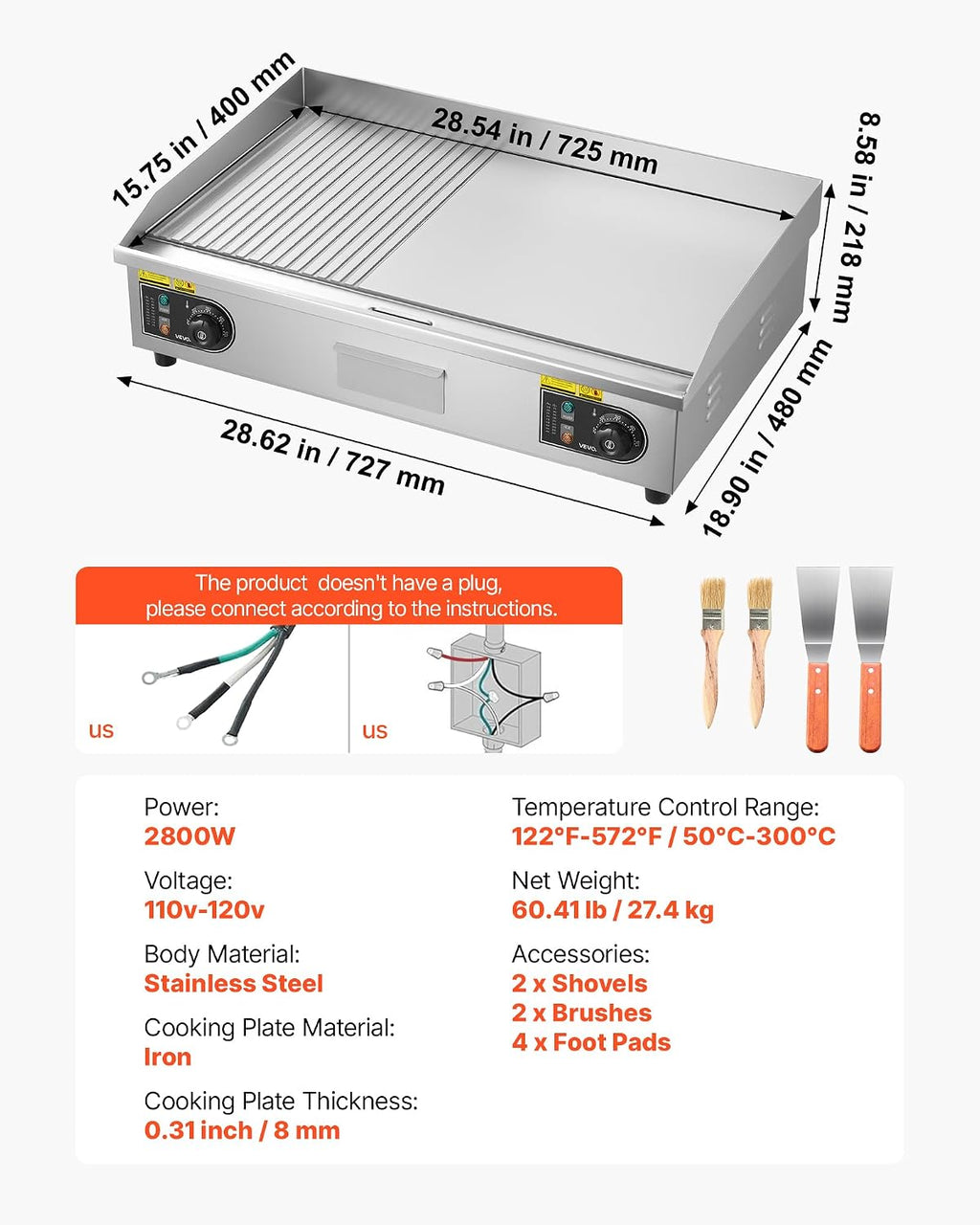 VEVOR Commercial Electric Griddle, 28.54 x 15.75 in, 2800W, 122-570°F Adjustable Temp Control, Stainless Steel, Half Grooved Half Flat, with 2 Spatulas, 2 Brushes, and 4 Foot Pads, for Steak(NO PLUG)