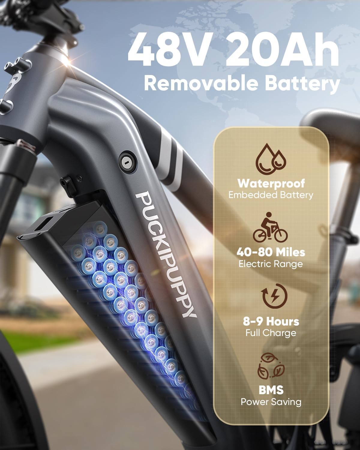PUCKIPUPPY Boxer Electric Bike for Adults 960W, 48V 20AH Battery Ebike, Full Suspension 26' Fat Tire E Bike, 28MPH 80Miles Range Mountain Electric Bicycle, 7 Speed Hydraulic Disc Brakes