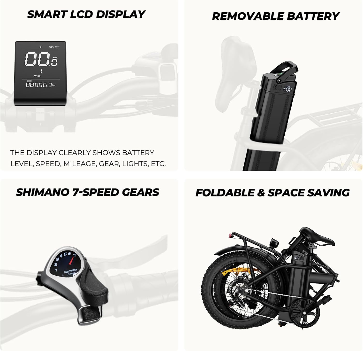 WINDHORSE 16'/ 20' Folding Electric Bike for Adults, 630W/ 983W Peak Electric Bicycle, 20MPH, 20-35/40-70 Miles Range, 288Wh/ 748.8Wh Removable Battery, UL Certified Commuter Ebike