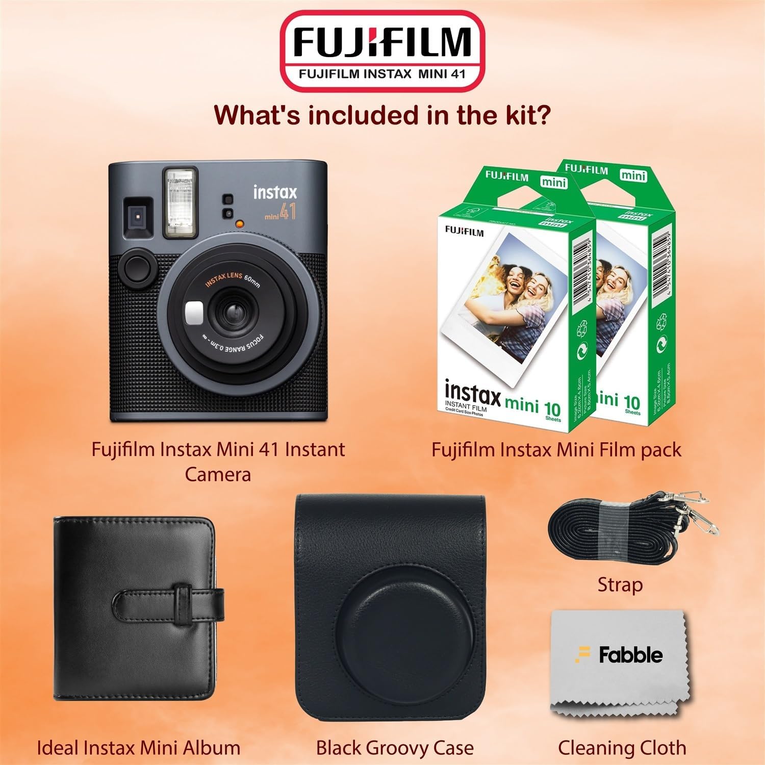 Fujifilm Instax Mini 41 Instant Film Camera Bundle with Groovy Case, Twin Pack Film (20 Sheets), Photo Album (32 Photos), –Vintage Black