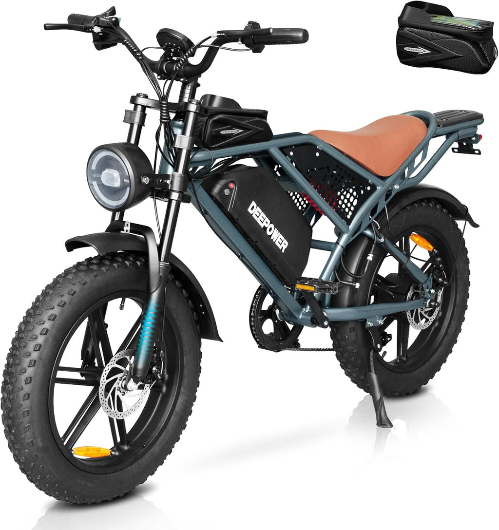 DEEPOWER Electric Bike for Adults,Peak 1500W Motor,30MPH 40Mile ebikes for Adults with 20AH Battery,20' Fat Tire Ebike,Dual Suspension,7 Speed Electric Motorcycle