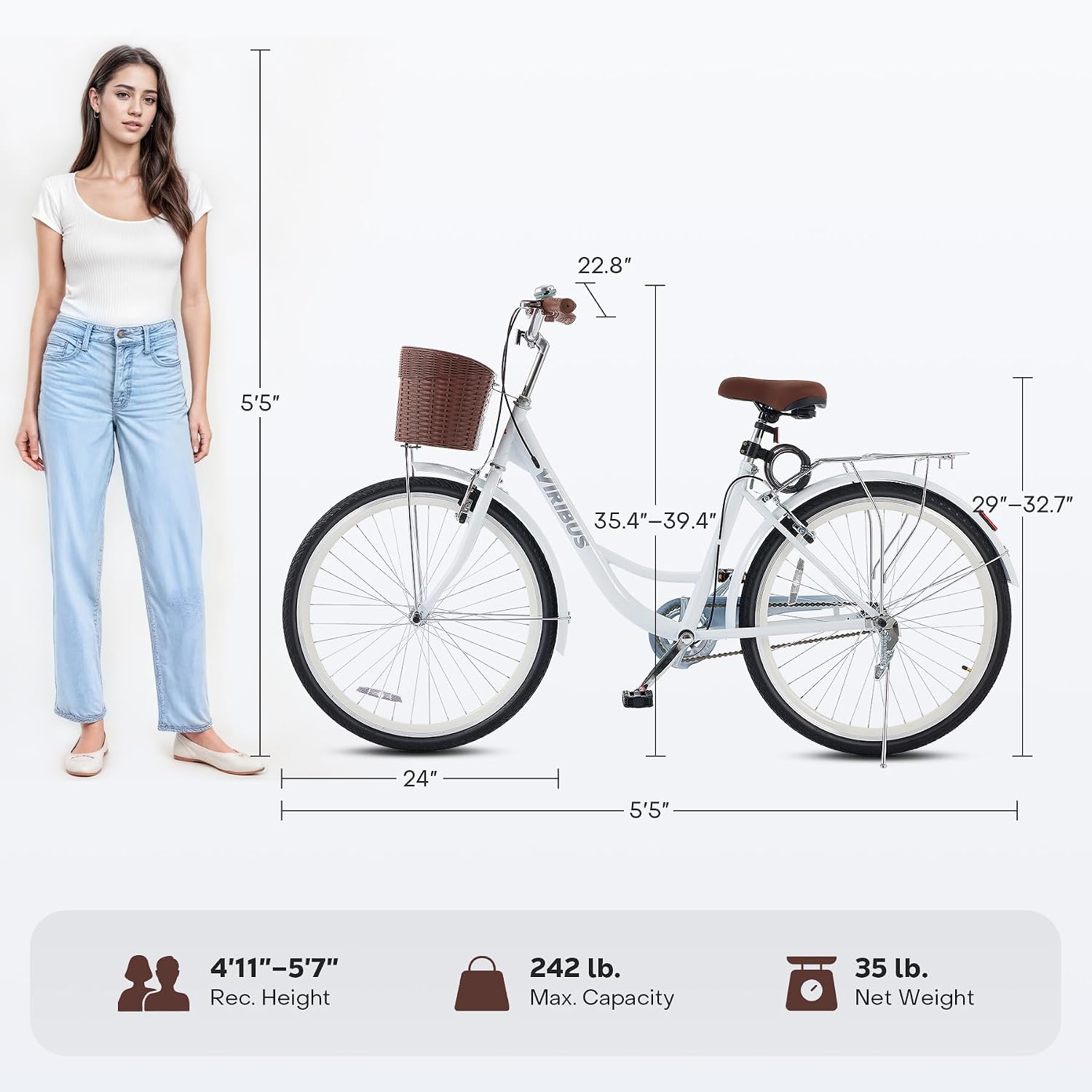 VIRIBUS Beach Cruiser Bike for Women, Single Speed Womens Bike with Basket & Rack 24 26 inch, Retro Step Through Cruiser Bicycle for Petite Short Women Female Ladies City Commuter, 330 lb.