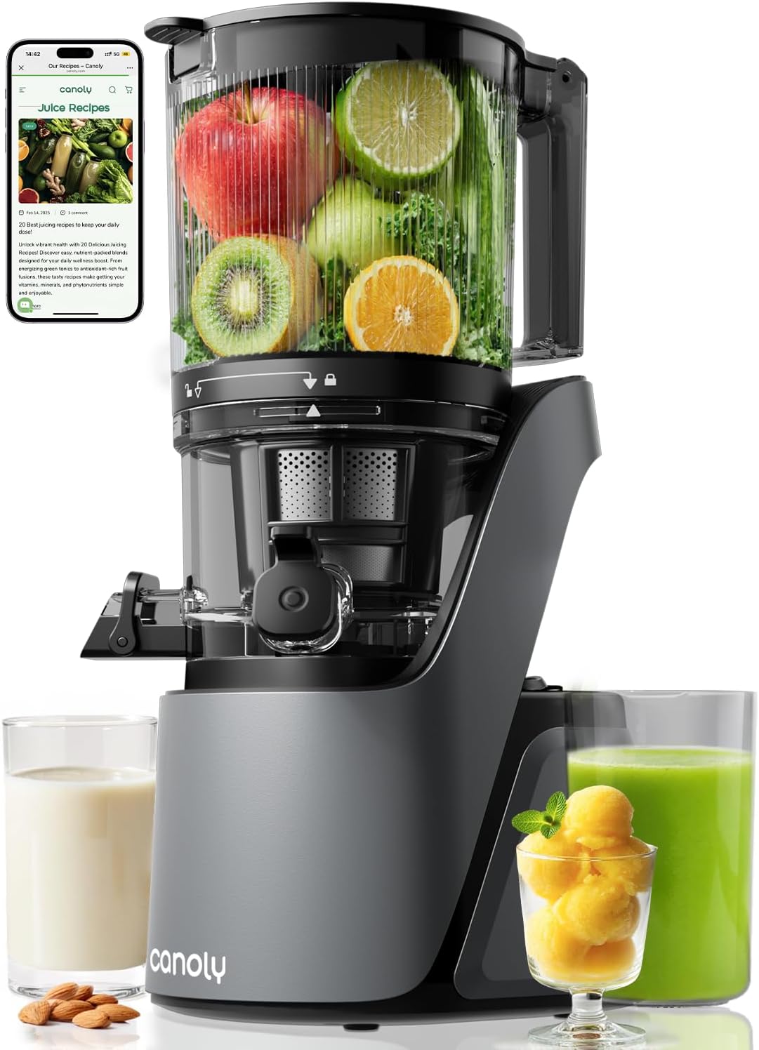 Canoly C16 Cold Press Juicer, 6' Extra Wide Feed Chute, 3-IN-1 Strainers (Juice & Sorbet & Nut Milk), Powerful AC Brushless Motor, Self Precut System, Juicer Machines with BPA-Free (Space Gray)