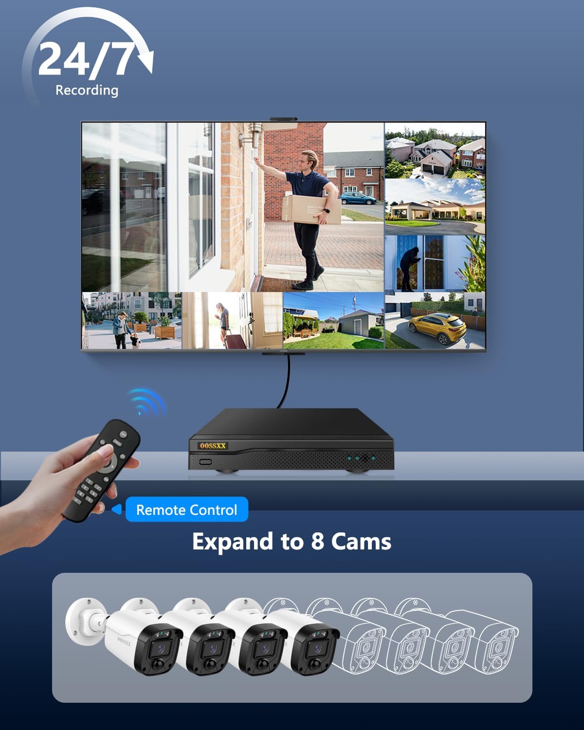 (90 Days Storage) 5MP Wired Security Camera System Outdoor, 8CH DVR with 3TB HDD, 4 x 122° Wide Angle Home Surveillance Cameras, Up to 90 Days Recording, IP67 Waterproof, Free App No Monthly Fee