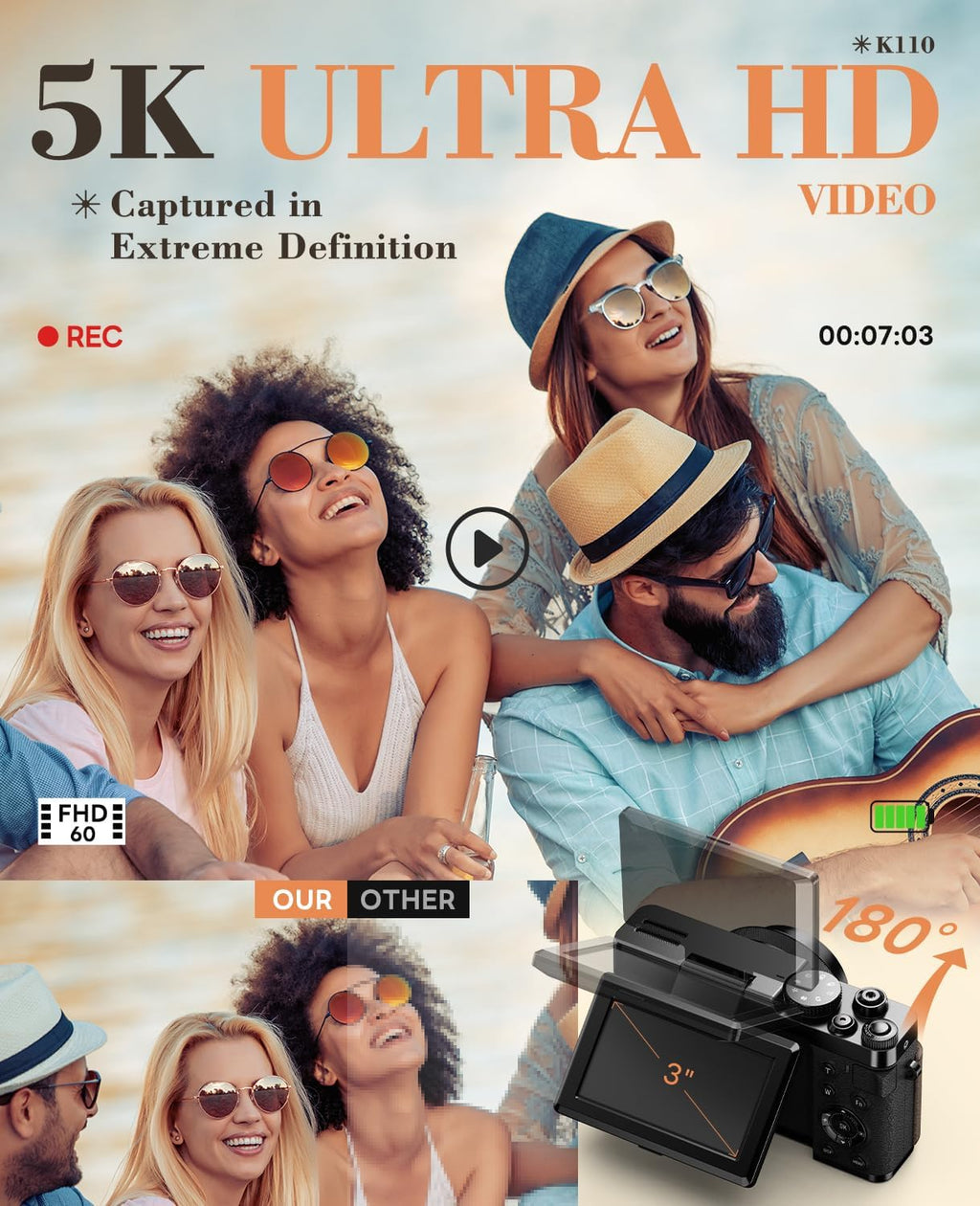 True 5K Digital Cameras for Photography 64MP - Autofocus 18X Zoom, with 3'' 180° Flip Screen, 64GB TF Card & 2 Batteries, Compact Travel Vlogging Camera for YouTube Beginners (Black)