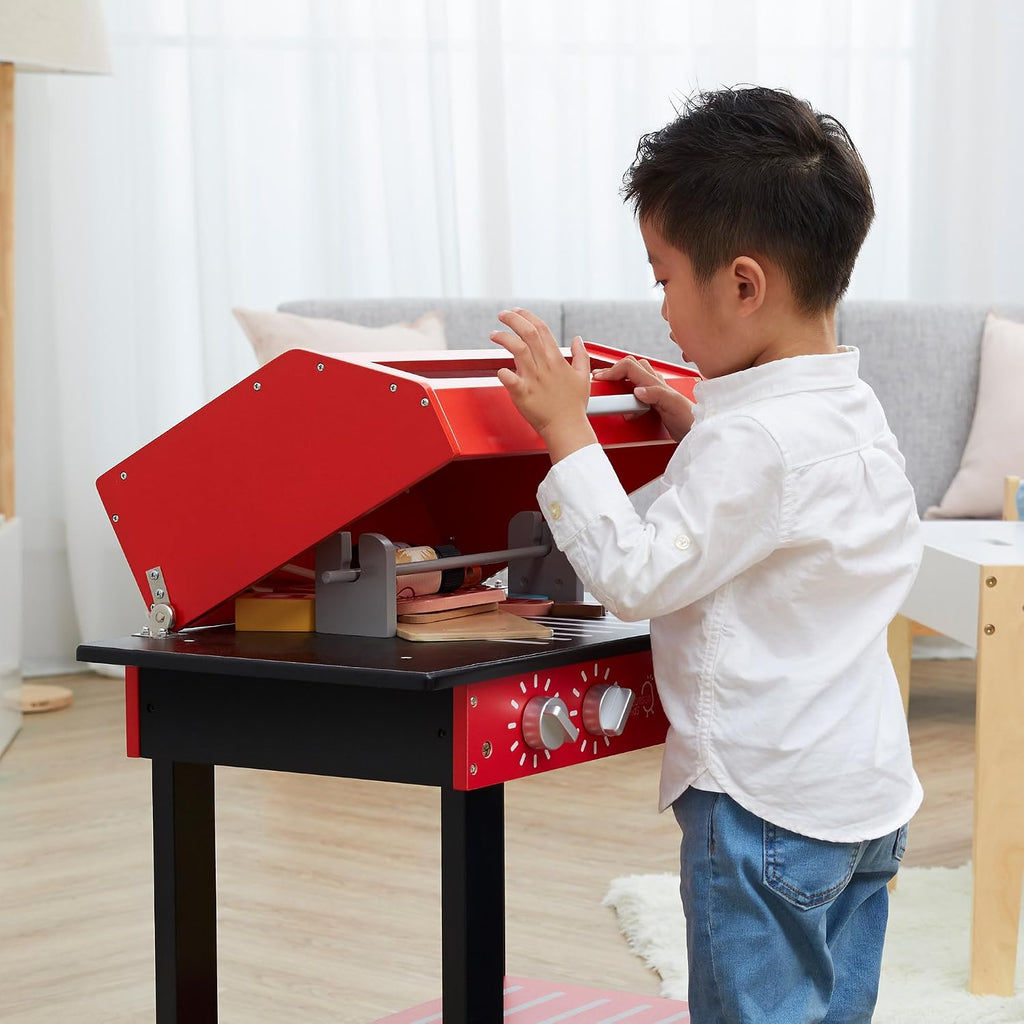 Teamson Kids Little Helper Backyard BBQ Grill Playset 25 Play Cooking Accessories, Pretend Play Kids Kitchen Preschool Playset, Red/Black