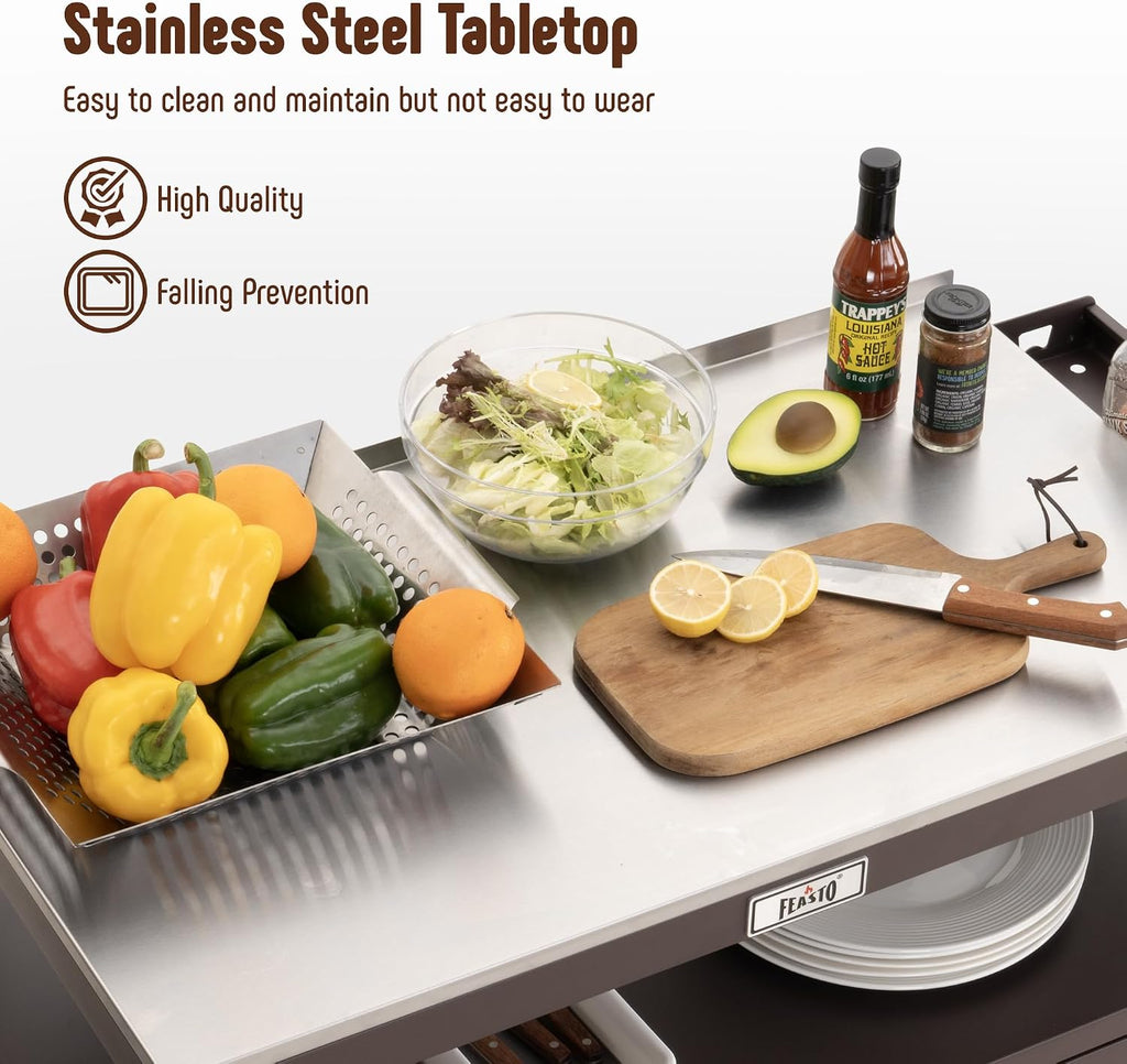 Feasto Outdoor Grill Cart with Stainless Steel Tabletop and Storage Cabinet, Movable Kitchen Island with Wheels for BBQ Food Prep, Brown