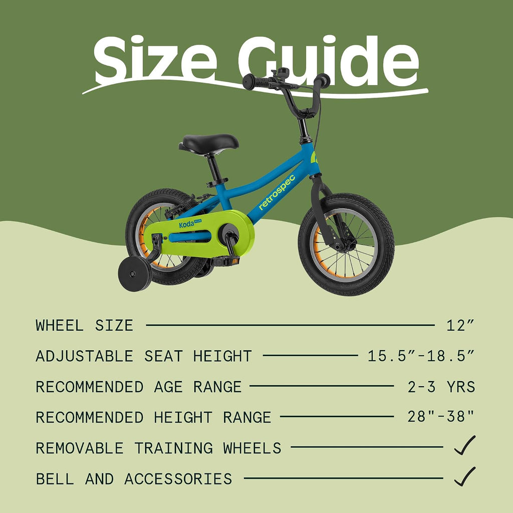 Retrospec Koda Plus Kids Bike for Boys & Girls Ages 2-3 Years - Children's Bicycle, Adjustable Seat & Handlebars, Removable Training Wheels, Front Hand Brakes, Rear Coaster Brake & Safety Bell