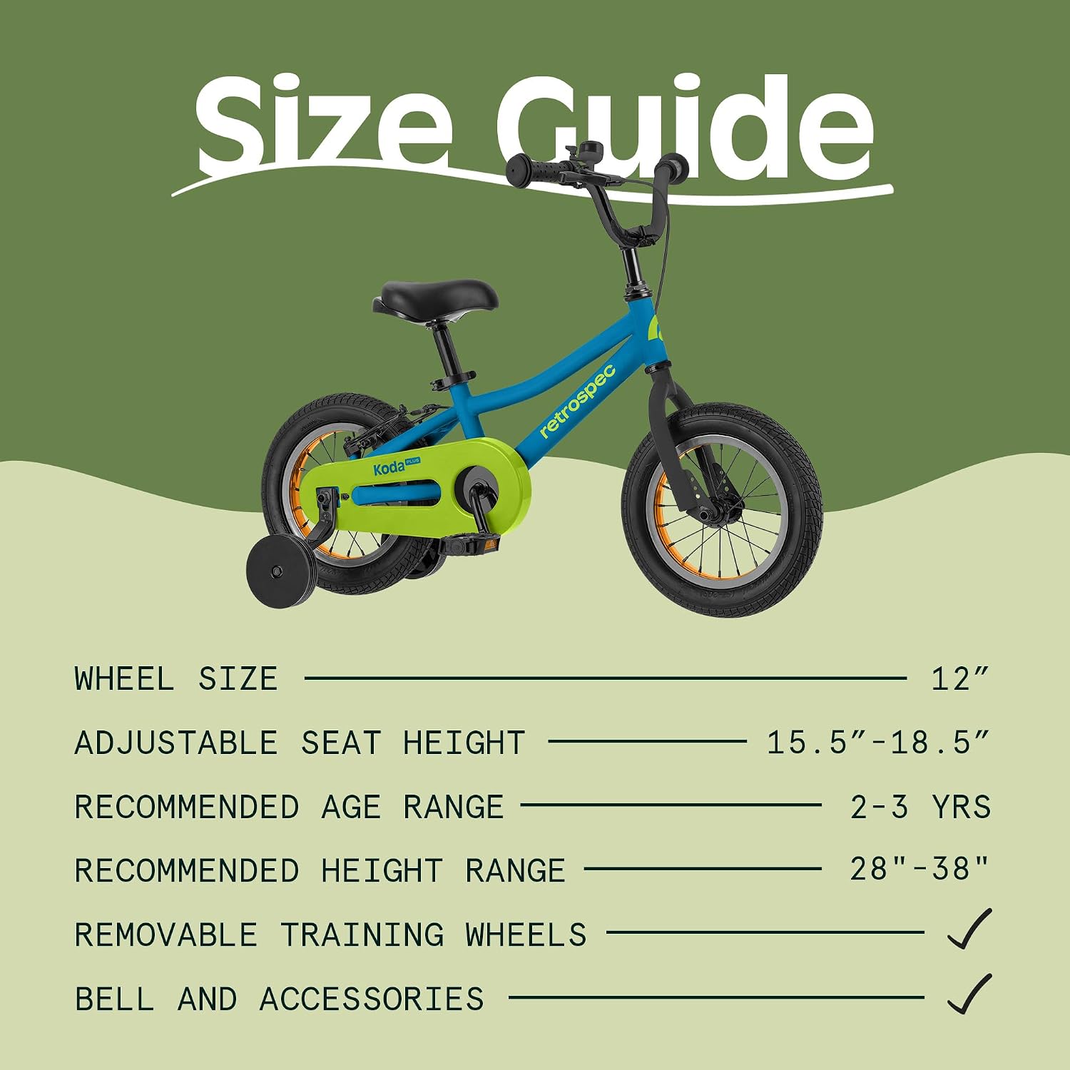 Retrospec Koda Plus Kids Bike for Boys & Girls Ages 2-3 Years - Children's Bicycle, Adjustable Seat & Handlebars, Removable Training Wheels, Front Hand Brakes, Rear Coaster Brake & Safety Bell