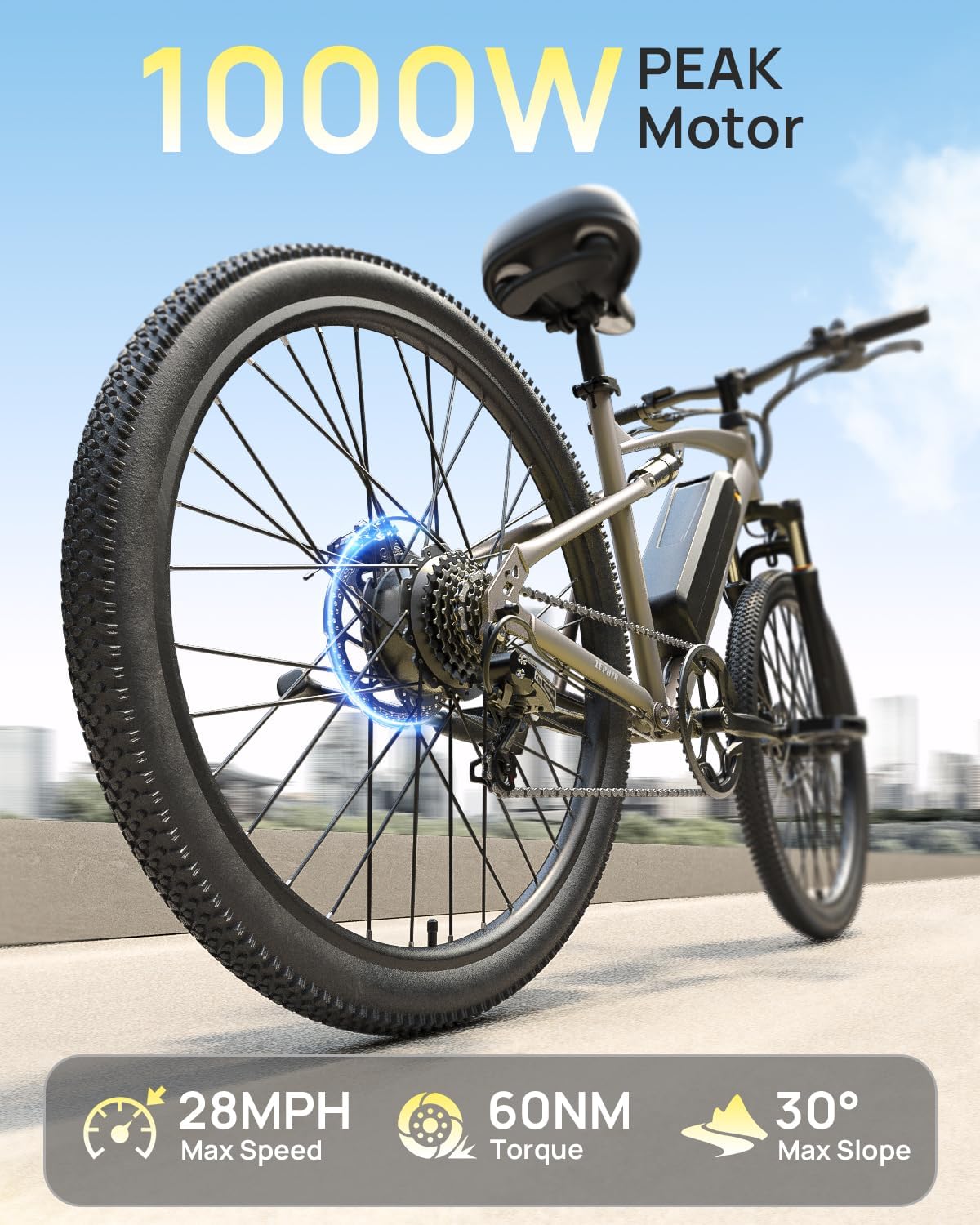 QRONGE Electric Bike for Adults, Full Suspension Ebike, 1000W Peak Motor 486Wh Battery, 28MPH(PAS Mode) Mountain Electric Bicycles, 26'' Tire, 7 Speed, Up to 70 Miles, Zephyr