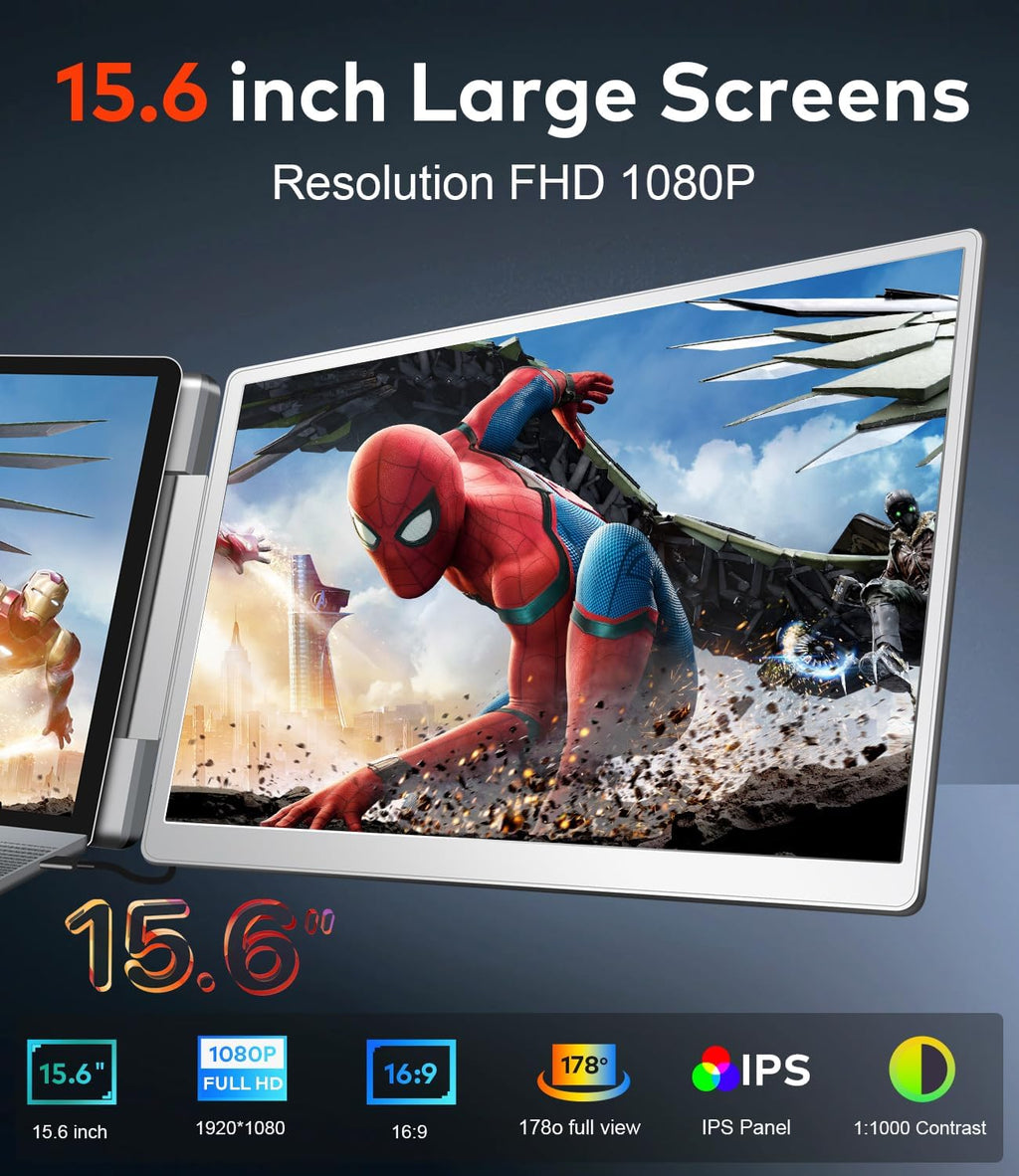 15.6' Laptop Screen Extender, Left Screen 360° Flip Triple Screen Monitor Extender, FHD 1080P IPS Portable Travel Monitor Display, fit for 12-18.5' Laptops, Compatible with Windows and MacBook-S10