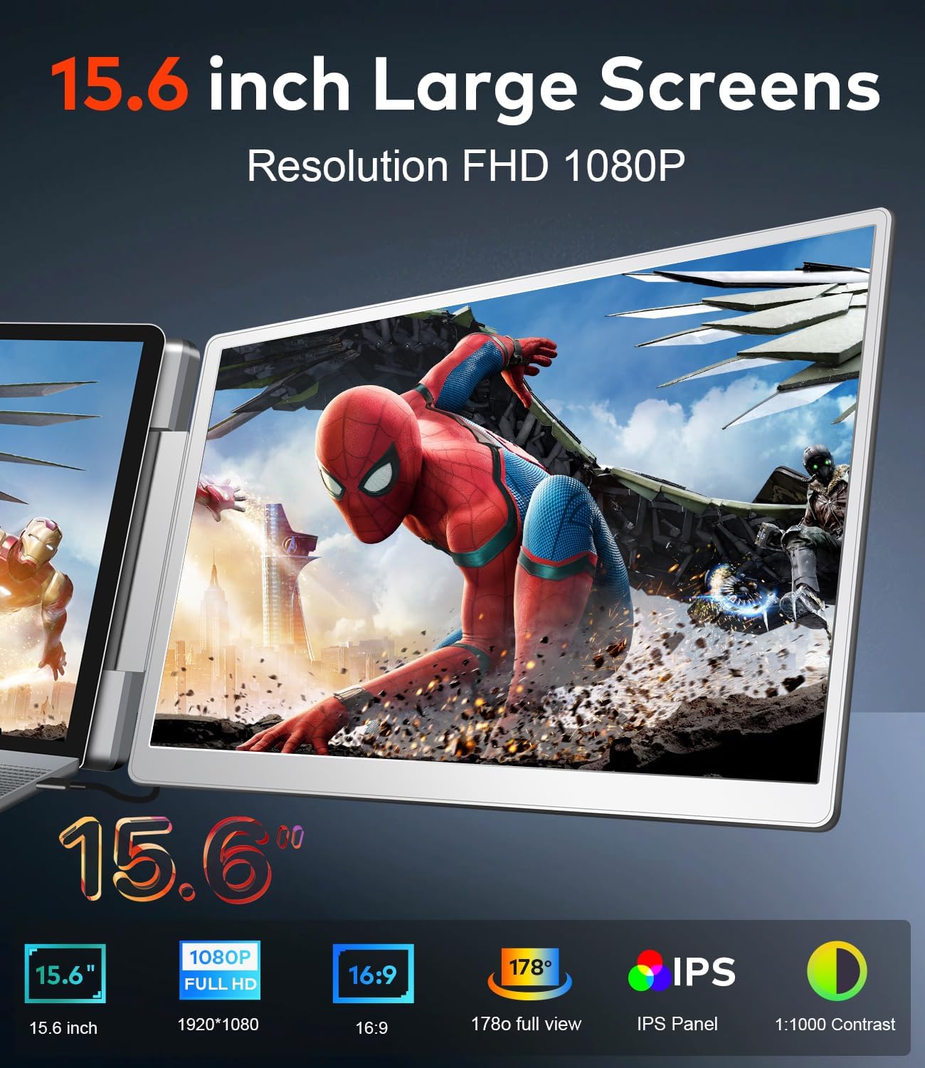 15.6' Laptop Screen Extender, Left Screen 360° Flip Triple Screen Monitor Extender, FHD 1080P IPS Portable Travel Monitor Display, fit for 12-18.5' Laptops, Compatible with Windows and MacBook-S10