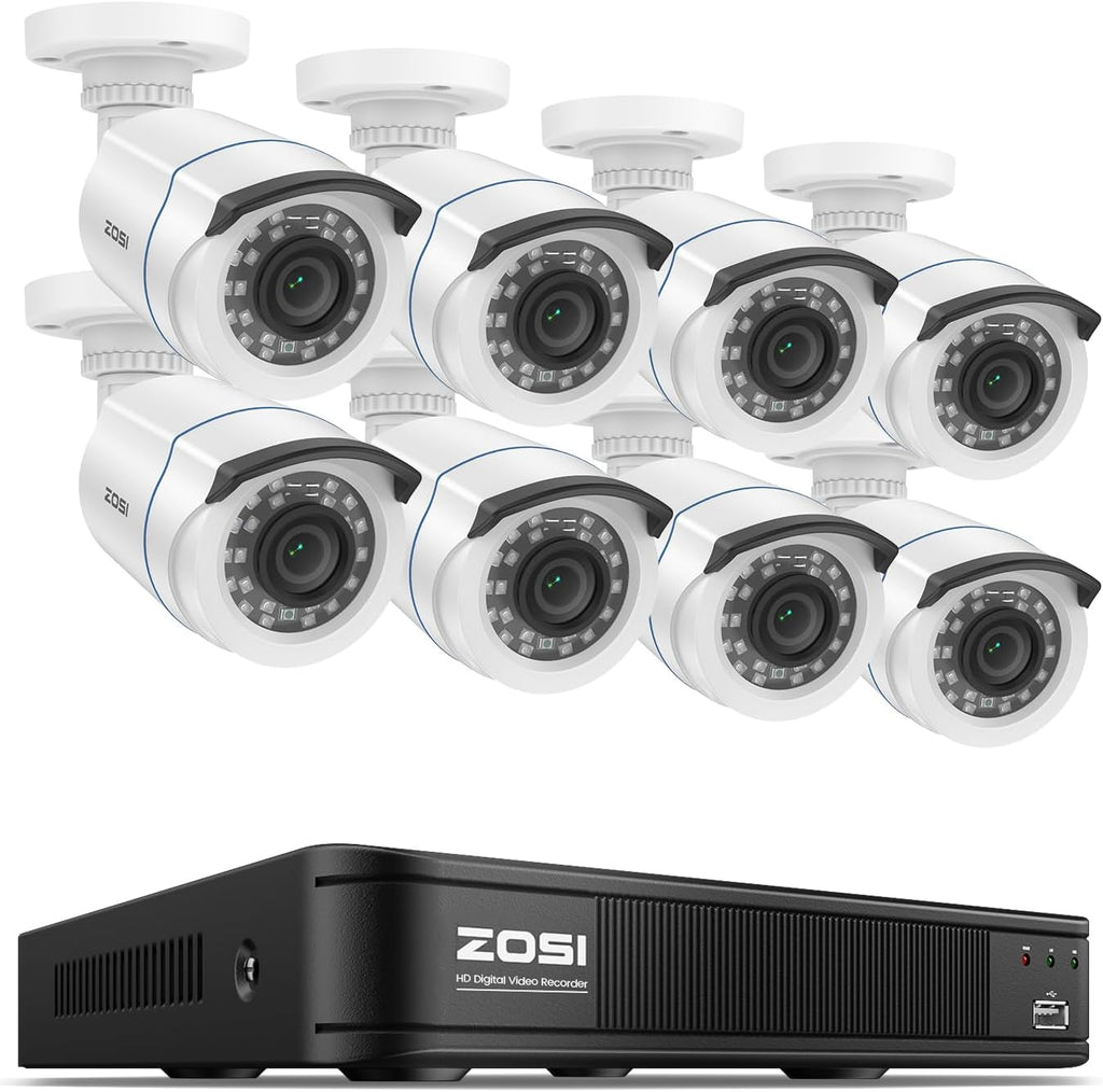 ZOSI 1080P HD Home Surveillance Camera System with AI Human Vehicle Detection, 5MP 8 Channel CCTV DVR Recorder (No HDD), 8 x 2.0MP 1920TVL Outdoor/Indoor Surveillance Bullet Cameras, Remote Access