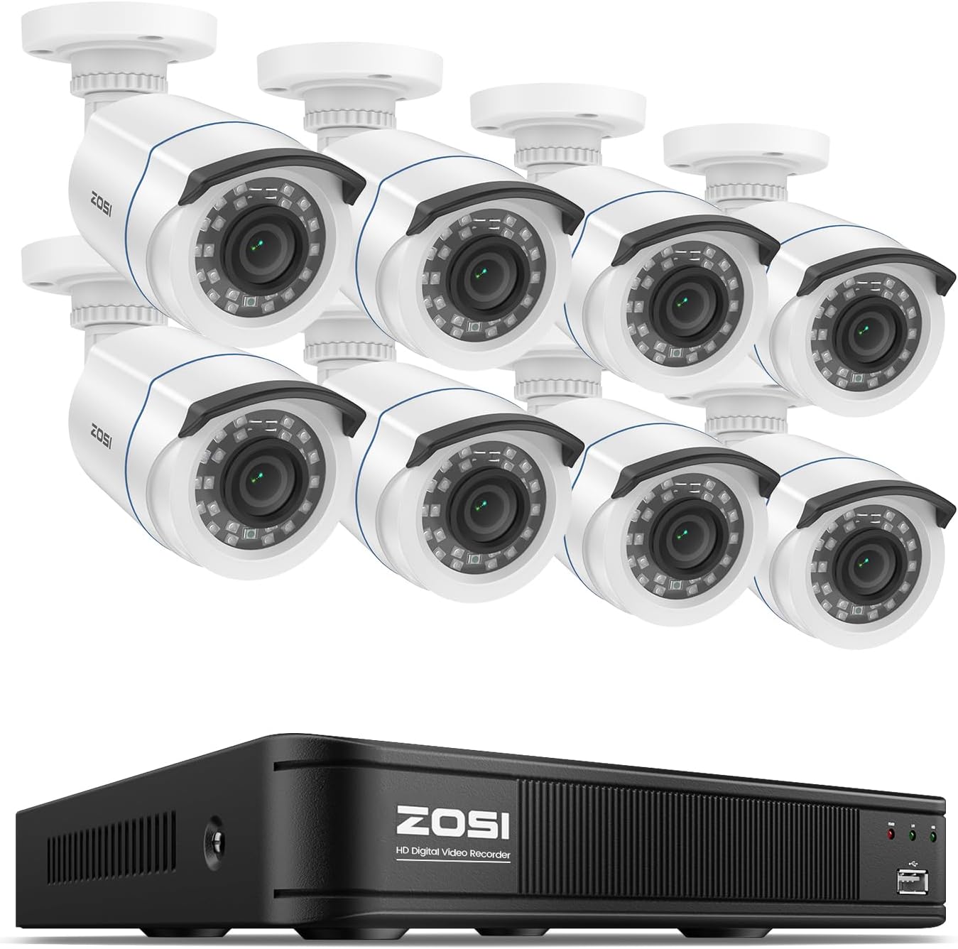 ZOSI 1080P HD Home Surveillance Camera System with AI Human Vehicle Detection, 5MP 8 Channel CCTV DVR Recorder (No HDD), 8 x 2.0MP 1920TVL Outdoor/Indoor Surveillance Bullet Cameras, Remote Access