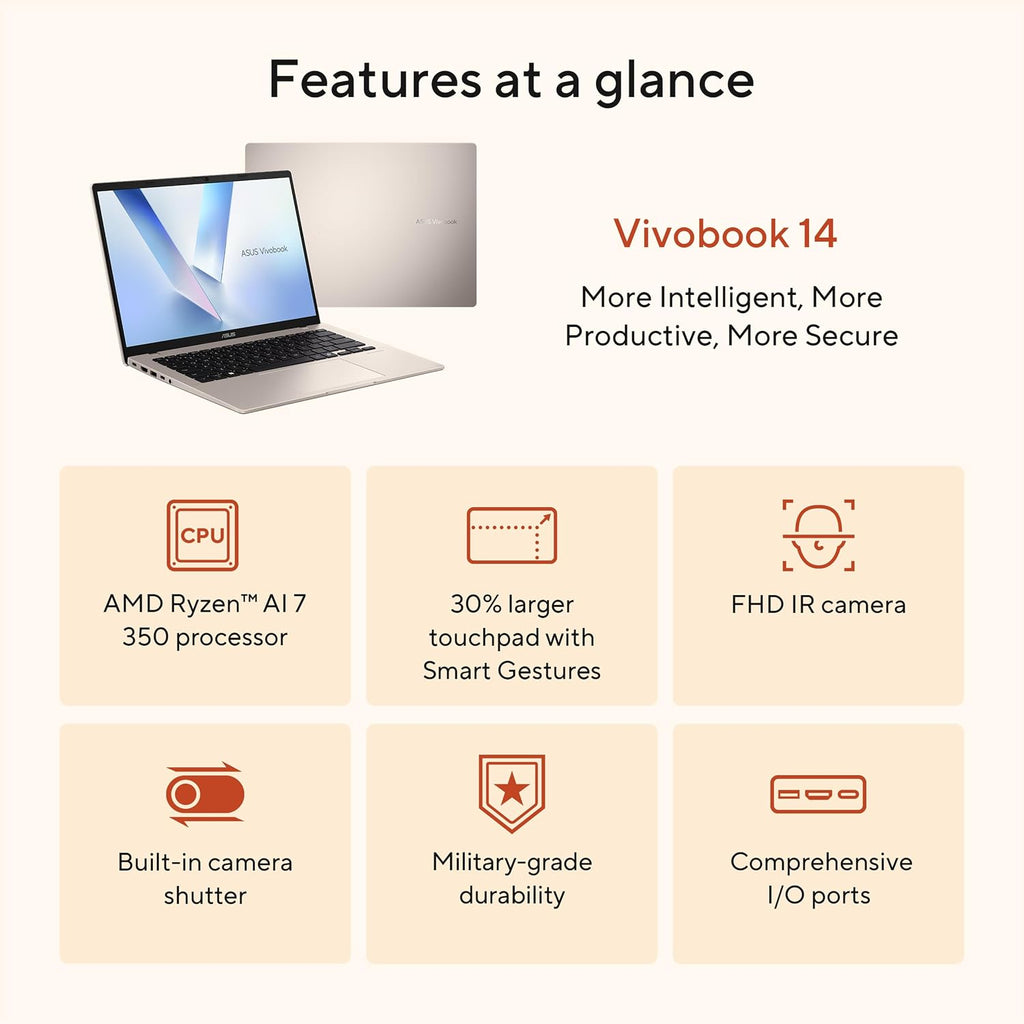 ASUS Vivobook 14 Laptop, Copilot+ PC, 14' WUXGA 60Hz Display, AMD Ryzen AI 7 350 with XDNA NPU, AMD Radeon Graphics, 16GB RAM, 512GB SSD, Platinum Gold, M1407KA-PS74