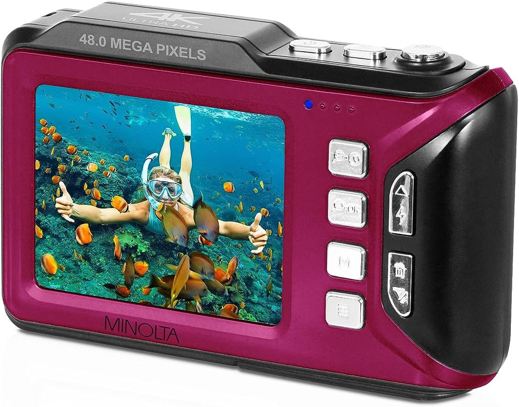 Minolta Waterproof Digital Camera - 48MP Photos, 4K UHD Video, Dual LCD Screens, 16ft Waterproof, 16X Zoom, Anti-Shake, Slow Motion, Compact Point-and-Shoot for Travel & Underwater (Magenta)