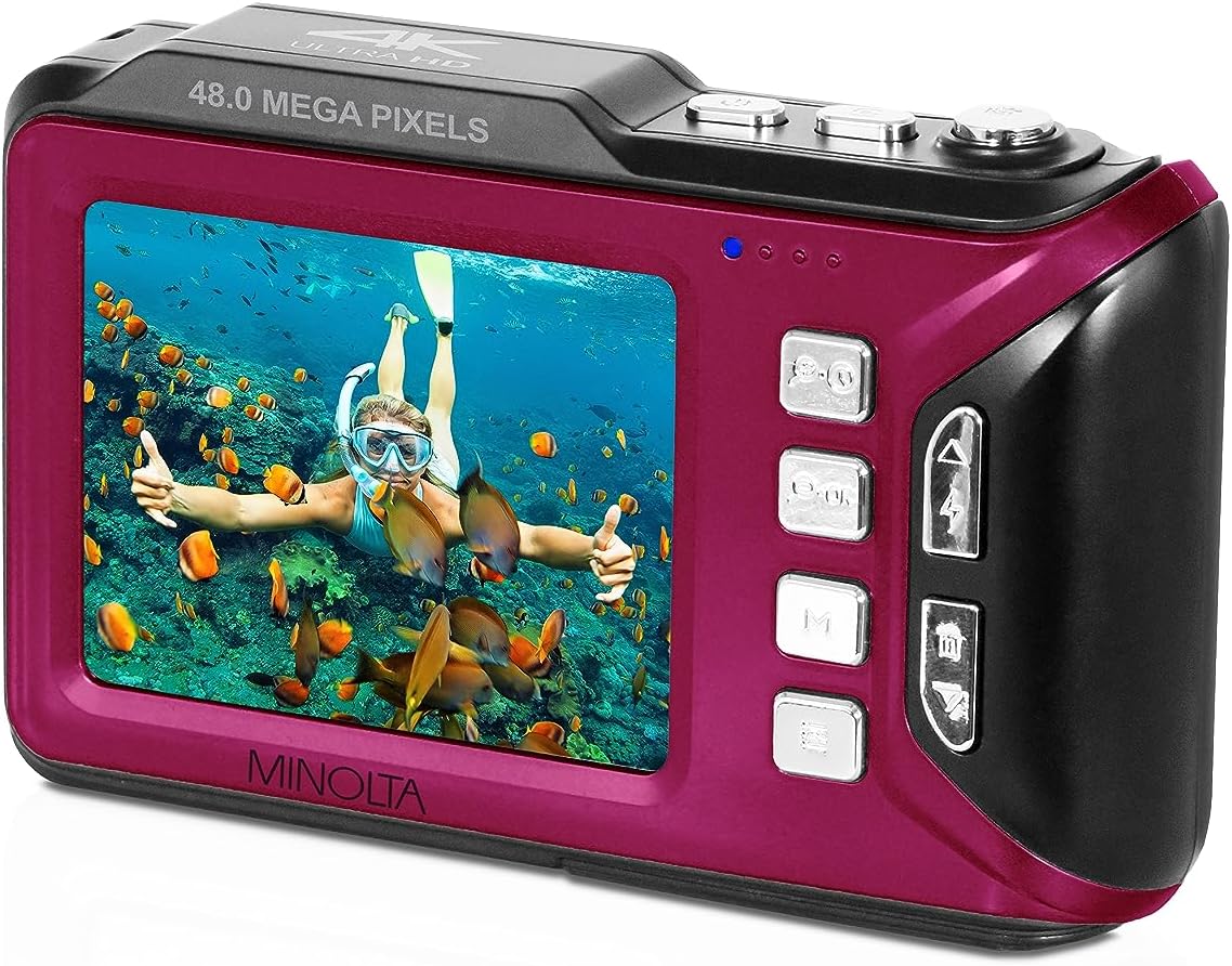 Minolta Waterproof Digital Camera - 48MP Photos, 4K UHD Video, Dual LCD Screens, 16ft Waterproof, 16X Zoom, Anti-Shake, Slow Motion, Compact Point-and-Shoot for Travel & Underwater (Magenta)