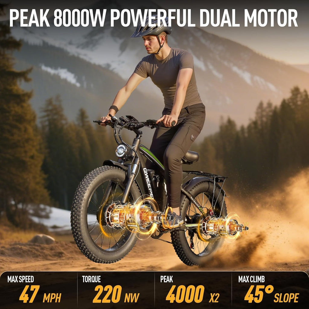 8000W Peak Dual Motor Electric Bike for Adults, 47MPH Fast Fat Tire E-Bike with Detachable Battery, 105Miles Long Range, Hydraulic Disc Brakes, 7-Speed Gears, All-Terrain for Mountain Snow Commuter