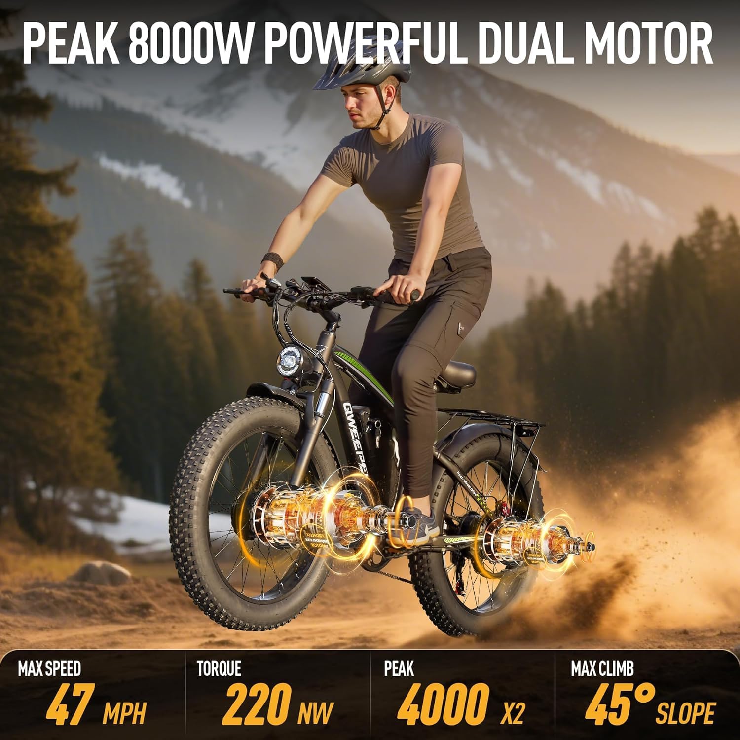 8000W Peak Dual Motor Electric Bike for Adults, 47MPH Fast Fat Tire E-Bike with Detachable Battery, 105Miles Long Range, Hydraulic Disc Brakes, 7-Speed Gears, All-Terrain for Mountain Snow Commuter