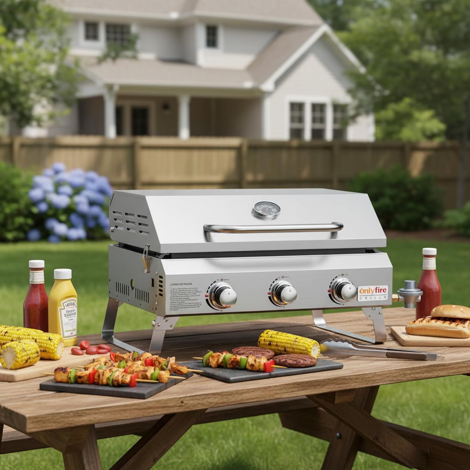 ONLYFIRE GRILLS Tabletop Gas Griddle with Foldable Legs, Portable 3-Burner Propane Gas Grill Griddle Flat Top for Outdoor Cooking Patio Barbecue Camping Tailgating RV BBQ, Stainless Steel, #GS309